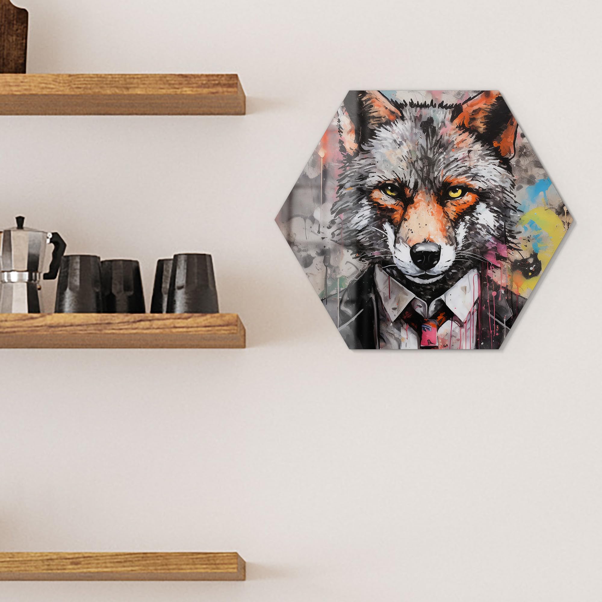 DEQOART Pizarra magnética de cristal, hexagonal, 40 x 34,5 cm, diseño de zorro del mundo empresarial, pizarra magnética con imanes, bolígrafo y paño para cocina y oficina
