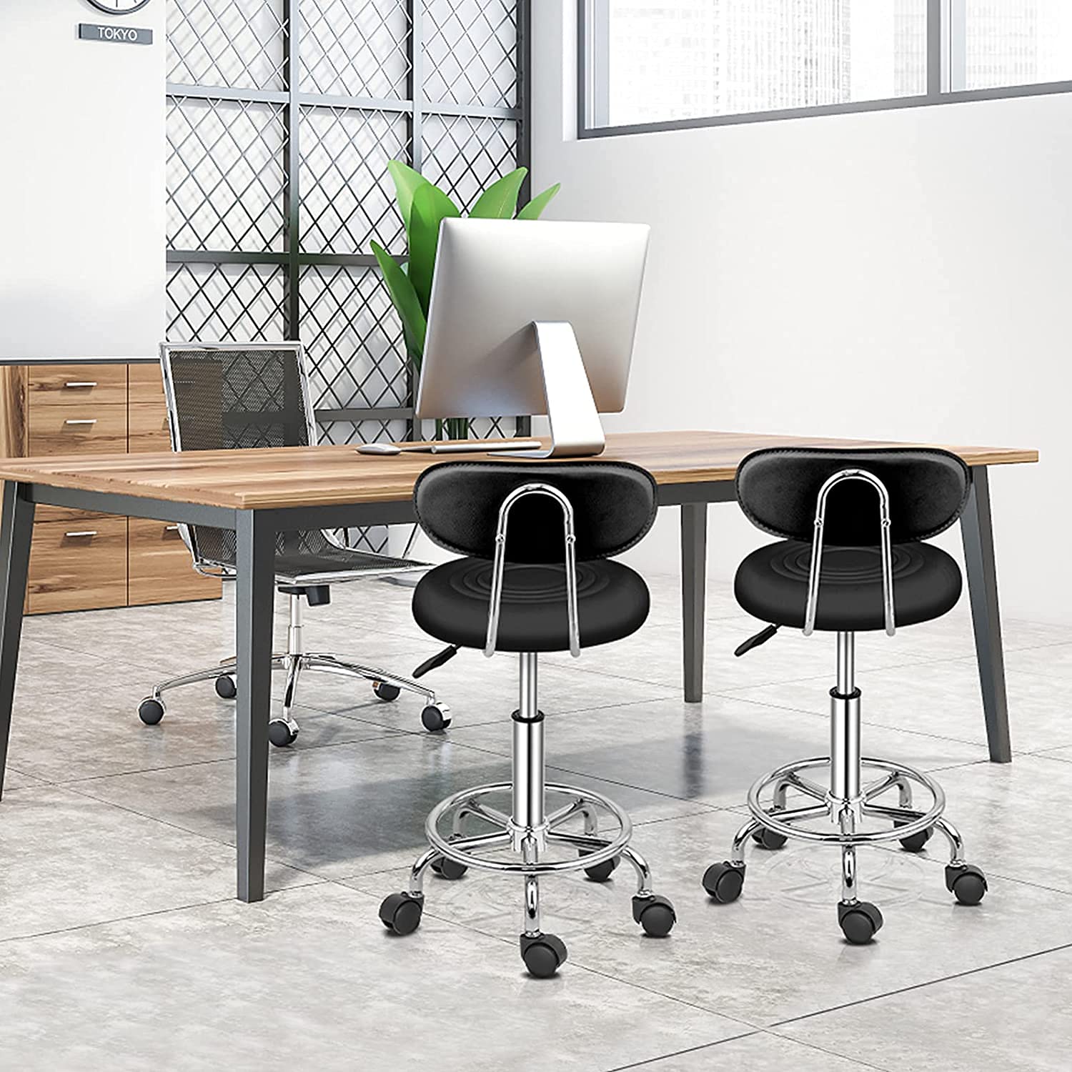 Alightup Sgabello da ufficio con schienale e ruote, girevole a 360°, altezza regolabile (47-61,5 cm), per saloni massaggi, uffici e cliniche, forma ellittica, nero