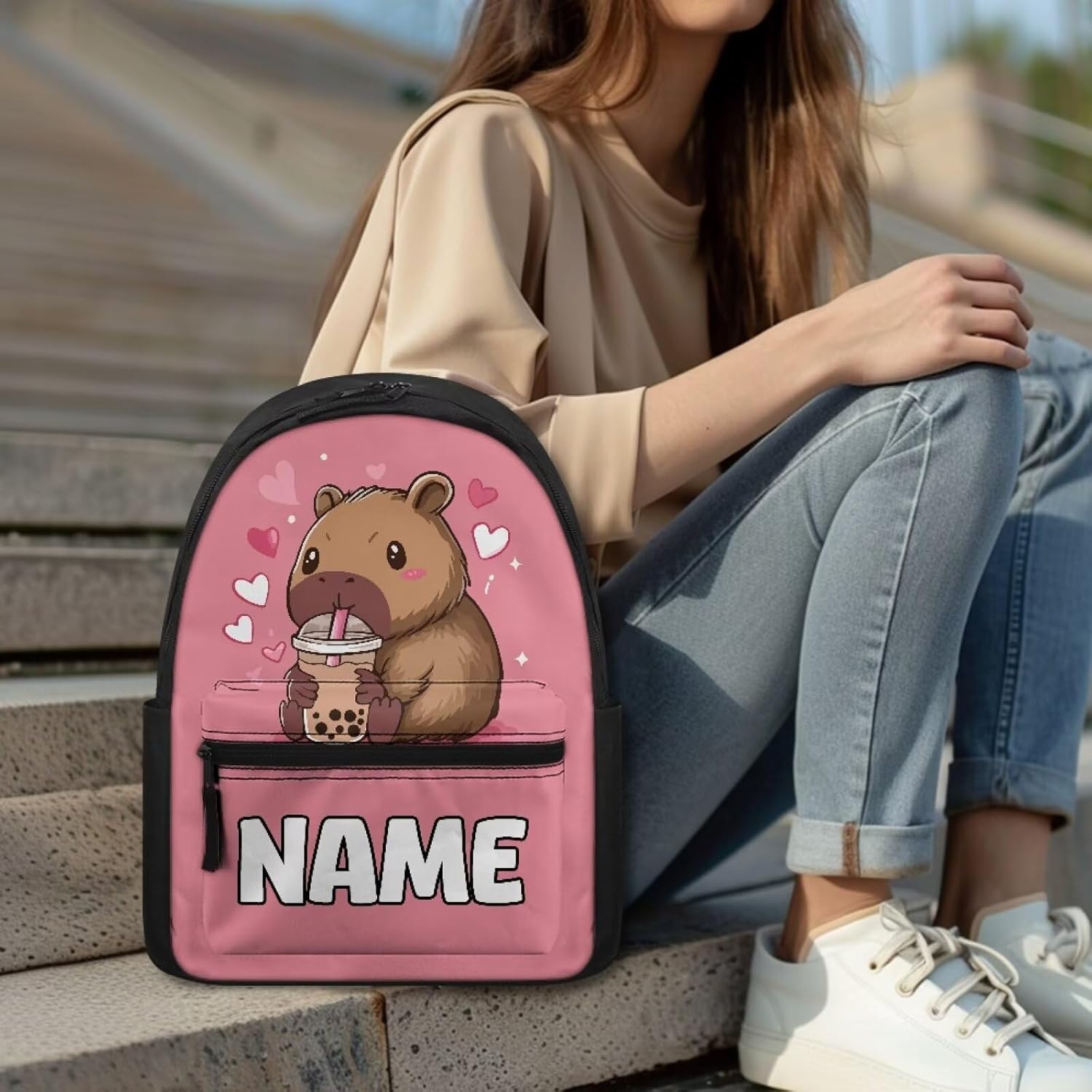 FOR U DESIGNS Capybara Personalized Girls School Backpack 15 Inch Ergonomic Bookbag Kindergarten Kids 5-6 Year Olds Book Bag Custom Name Travel Rucksack