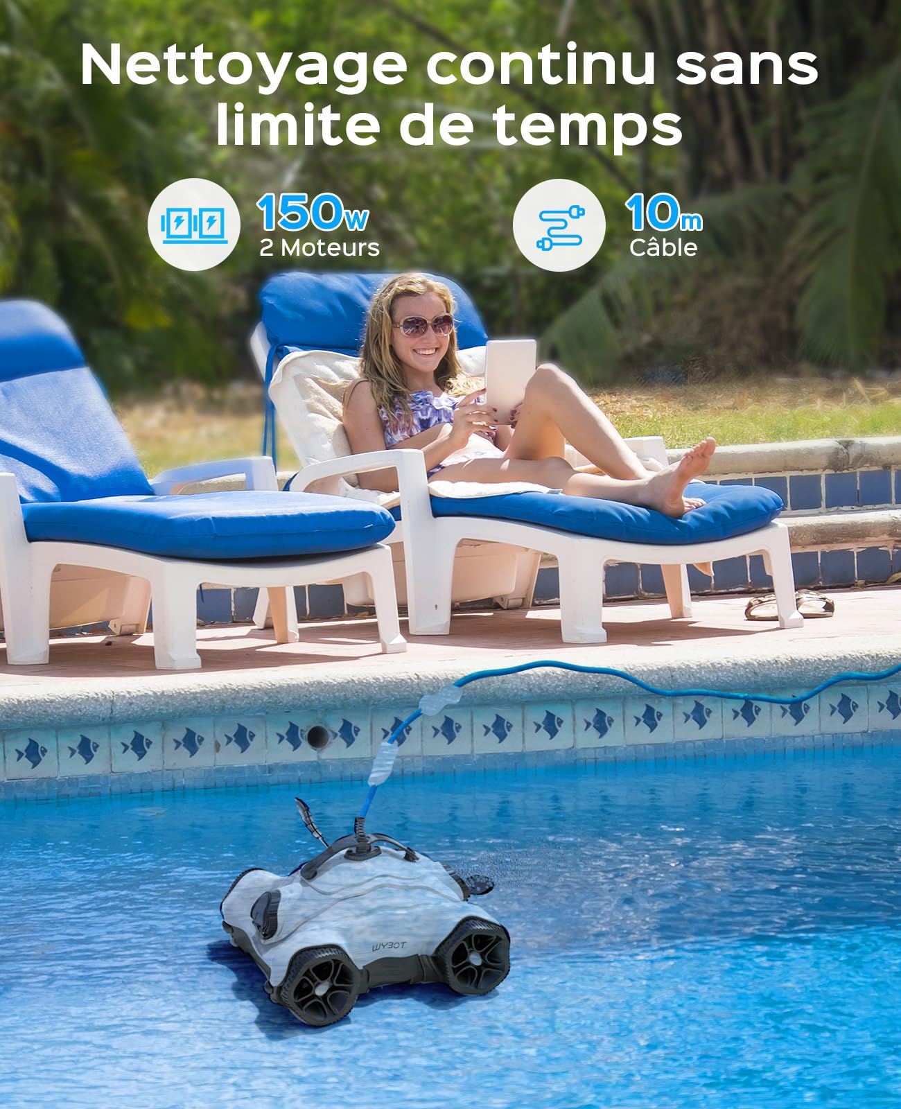 WYBOT Grampus 400 Robot Piscine, Super Aspiration 150W, Double Moteur, 3 Options de Durée de Travail, Angle de Buse Réglable, Adapté aux Piscines à Fond Plat