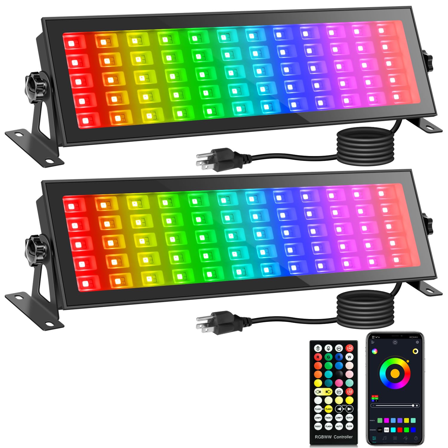 2 Pack 120W LED Stage Wash Bar - RGBCW Smart Wall Washer, 60 RGB 60 Warm White 60 White IP66 Waterproof DJ Light With APP and Remote Control for Festival, Wedding, Party Stage Lighting