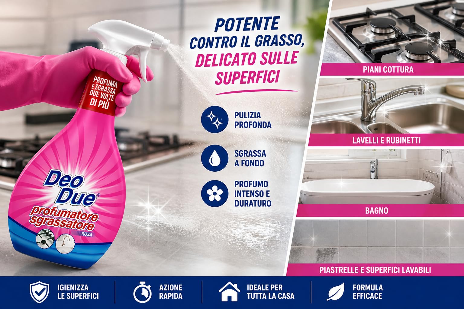 Sgrassatore Spray 4 in 1 Rosa, Detergente Multiuso, Igienizzante e Lucidante, Profumo Fresco a Lunga Durata, 6 Unità da 600ml