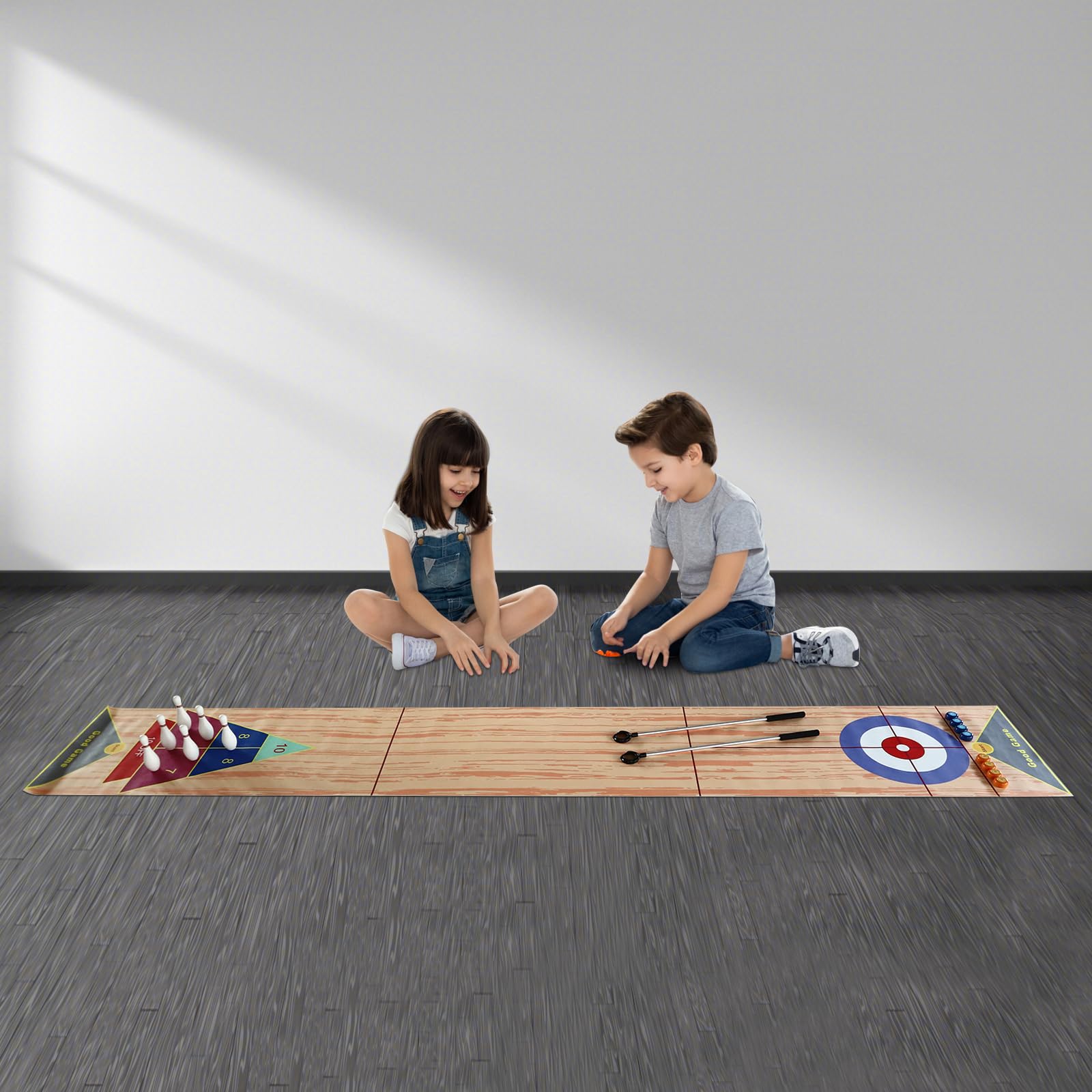 3 en 1 Shuffleboard Bowling, tabla de juegos superiores, juego portátil de curling con 6 bolos y 2 putters, diversión familiar para niños y fiestas