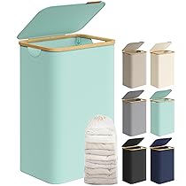 SONGMICS Cesto Portabiancheria con Coperchio, Cesta per Bucato, 90L, Salvaspazio, Sacco Rimovibile, Tessuto Oxford, Manici di Bambù, Pieghevole, 42 x 32 x 70,5 cm, Verde Menta LCB509C01