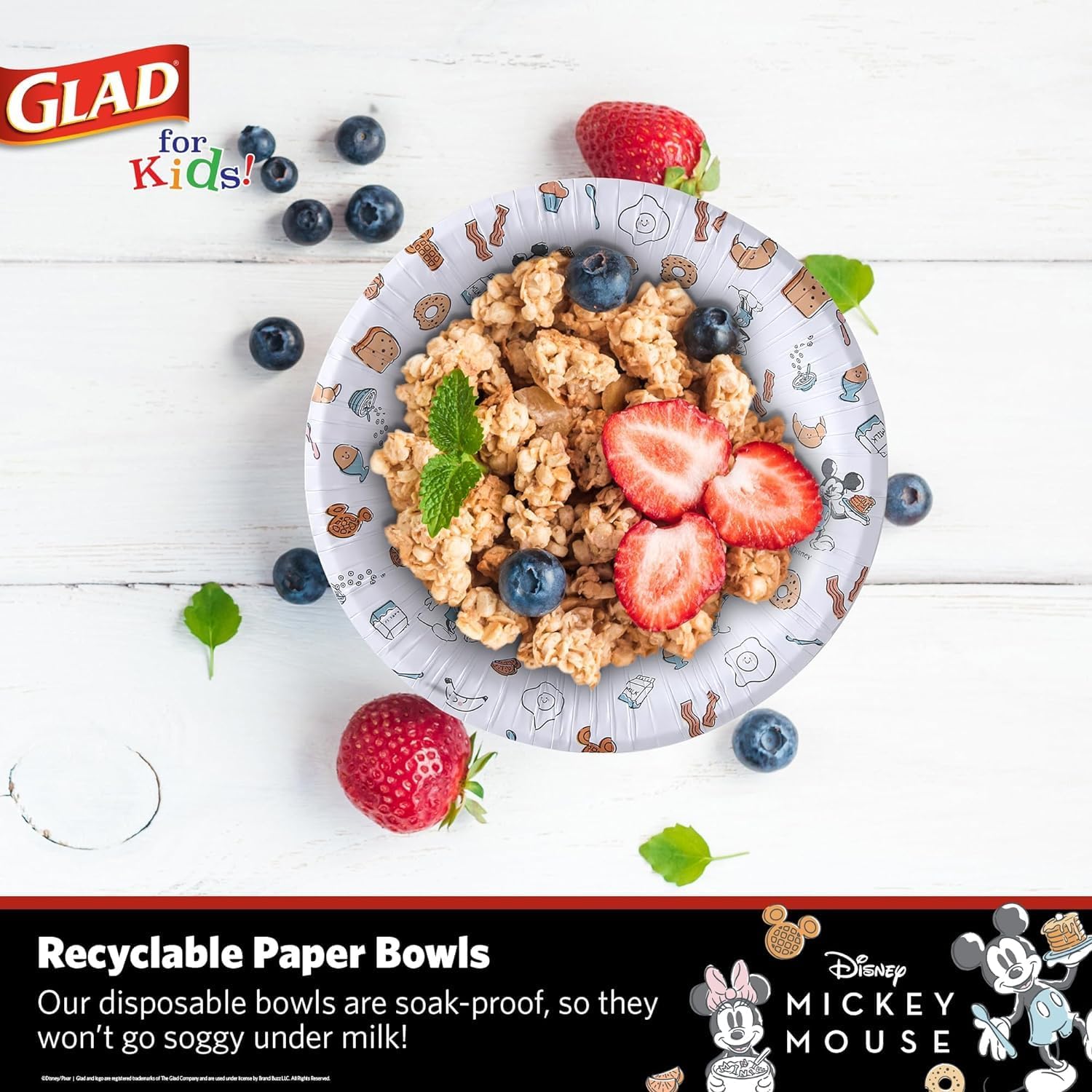 Glad for Kids Disney Mickey and Friends Paper Bowls Mixed Pack with Mickey and Minnie Mouse Designs | Kid-Friendly Bowl for Everyday Use, 16 Ounce, 50 Count - 12 Pack