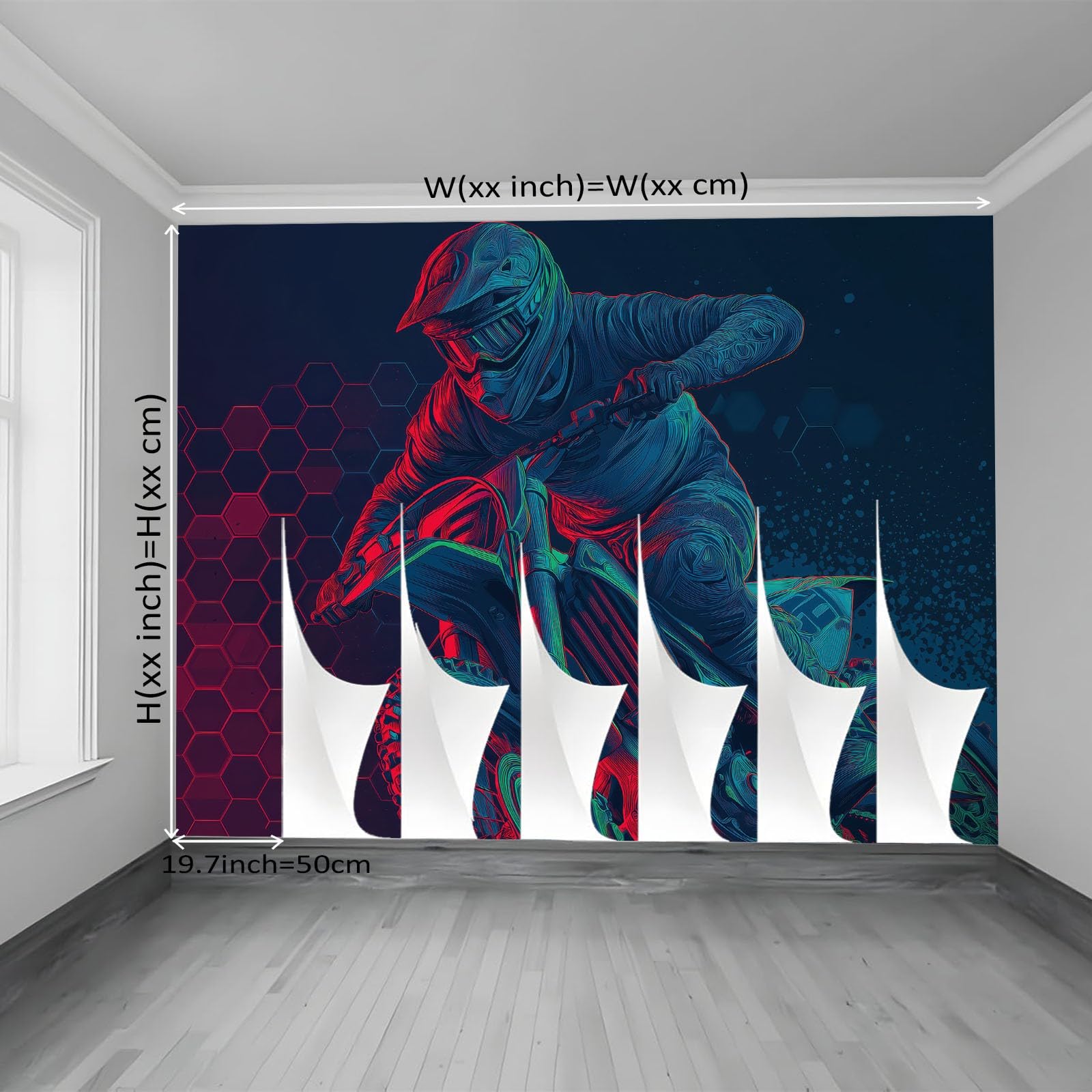 Bardzo duża fototapeta 400 x 280 cm (szer. x wys.), kreskówkowy wzór motocykla, zdejmowana fototapeta do przestronnego salonu, wyścigowca terenowego