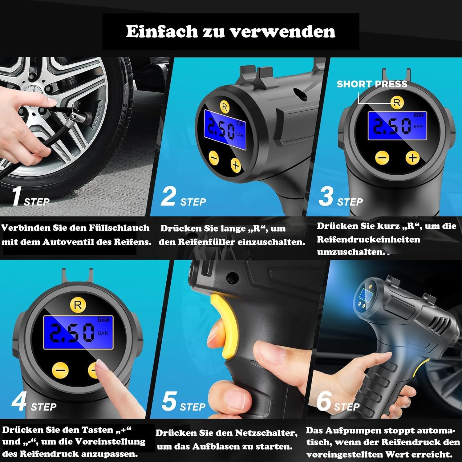 Compressore Aria Portatile Per Pneumatici - Ricaricabile, Con Display LCD - Foto 4