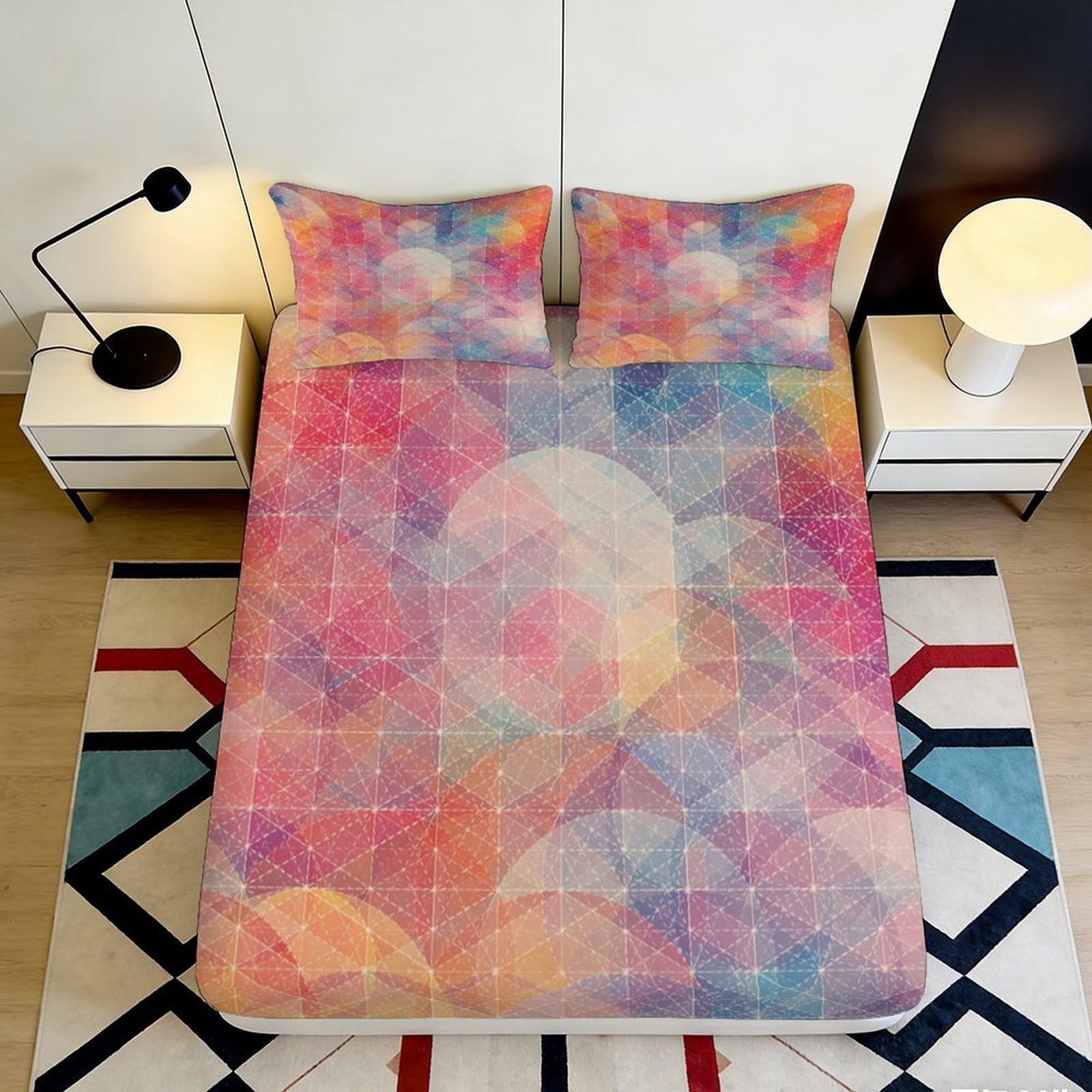 3D Printed Abstract Pastel Fitted Sheet Microfiber Soft Artistic Geometric Bed Cover for Bedroom Guest Room Decor 90x200x25cm
