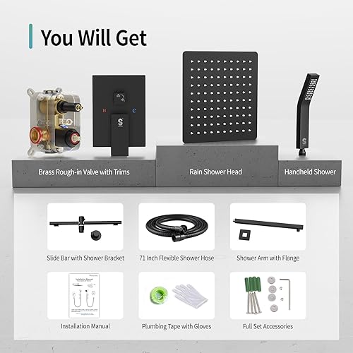Miniatura 8 de SR SUN RISE Grifo de ducha de barra deslizante de 10 pulgadas, cabezales de ducha de alta presión de lujo y rociador de mano, sistema de ducha