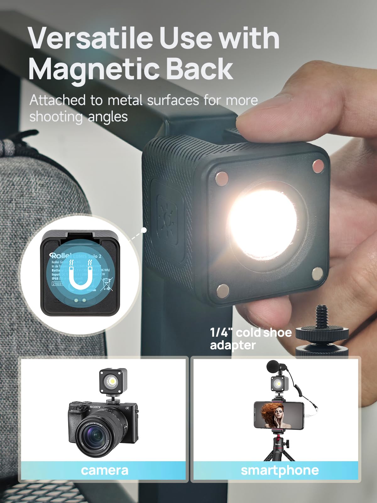 Rollei Lumis Solo 2 - LED kostka. Mała kostka LED z filtrem kolorowym do użytku w podróży. Optymalny czujnik światła do filmowania za pomocą smartfona.