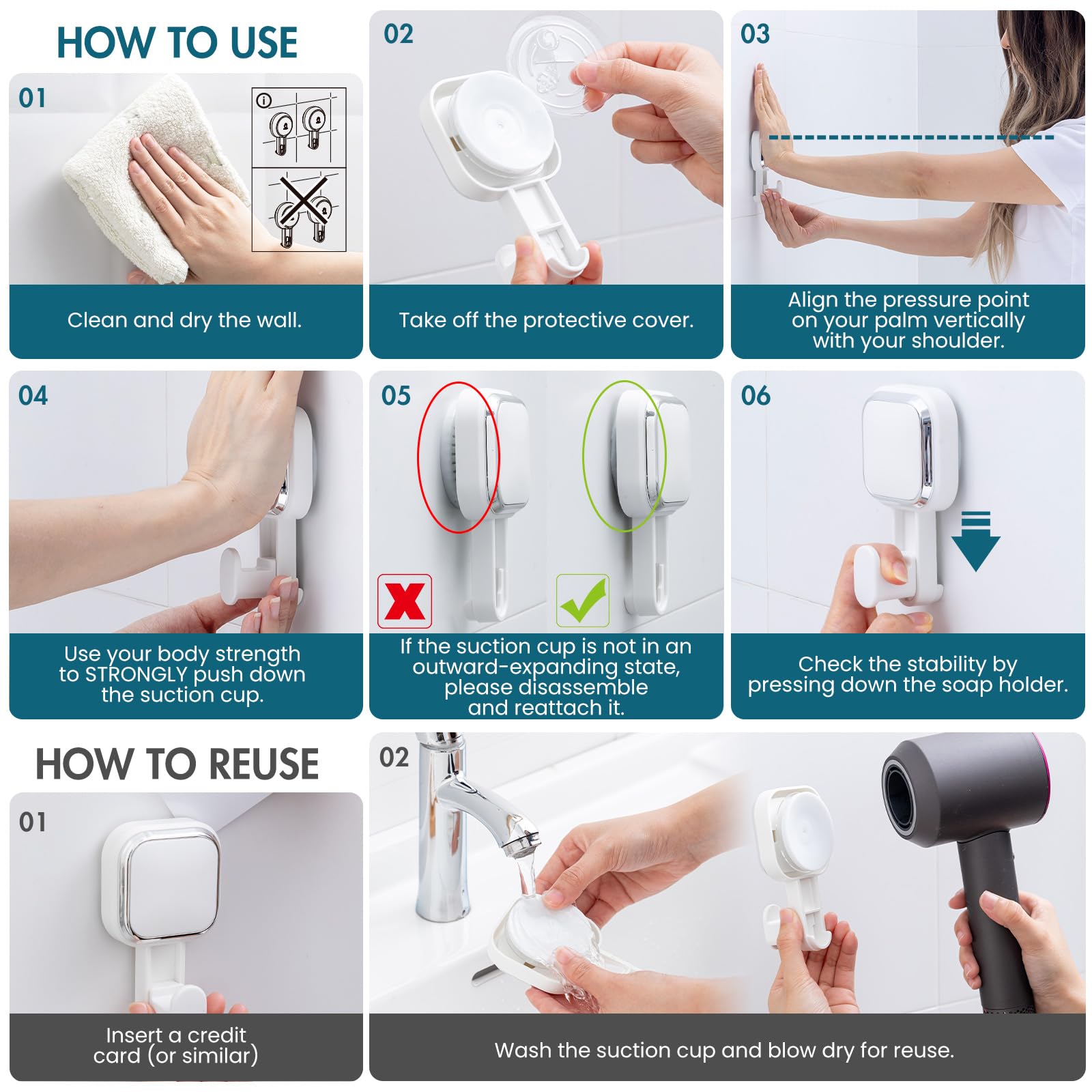 TAILI 4 Pack Suction Cup Hooks for Inside Shower Powerful Vacuum Suction Shower Holders for Towel Loofah Clothes — view 8