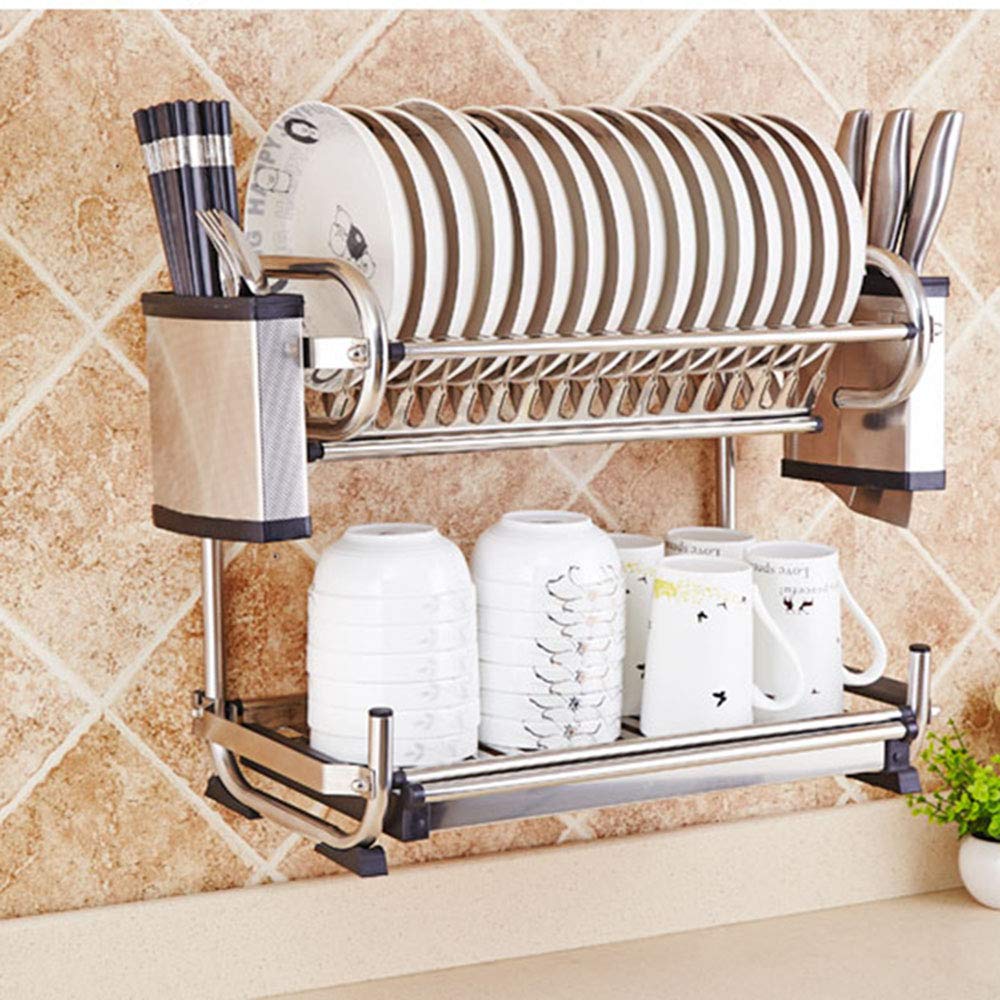 Escurridor de platos grande de 2 niveles para encimera de cocina, estante organizador de acero inoxidable con soporte para utensilios