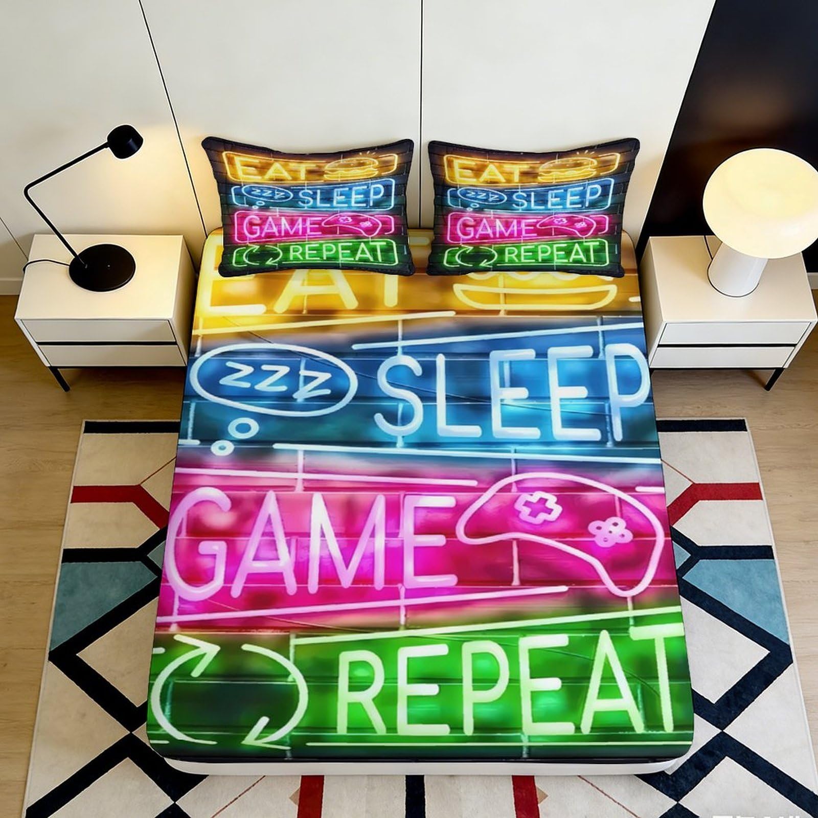 3D Printed Neon Lights Fitted Sheet Microfiber Soft Breathable Eat Sleep Game Repeat Bed Cover for Bedroom Dormitory Guest Room Mattress Protection 160x200x25cm