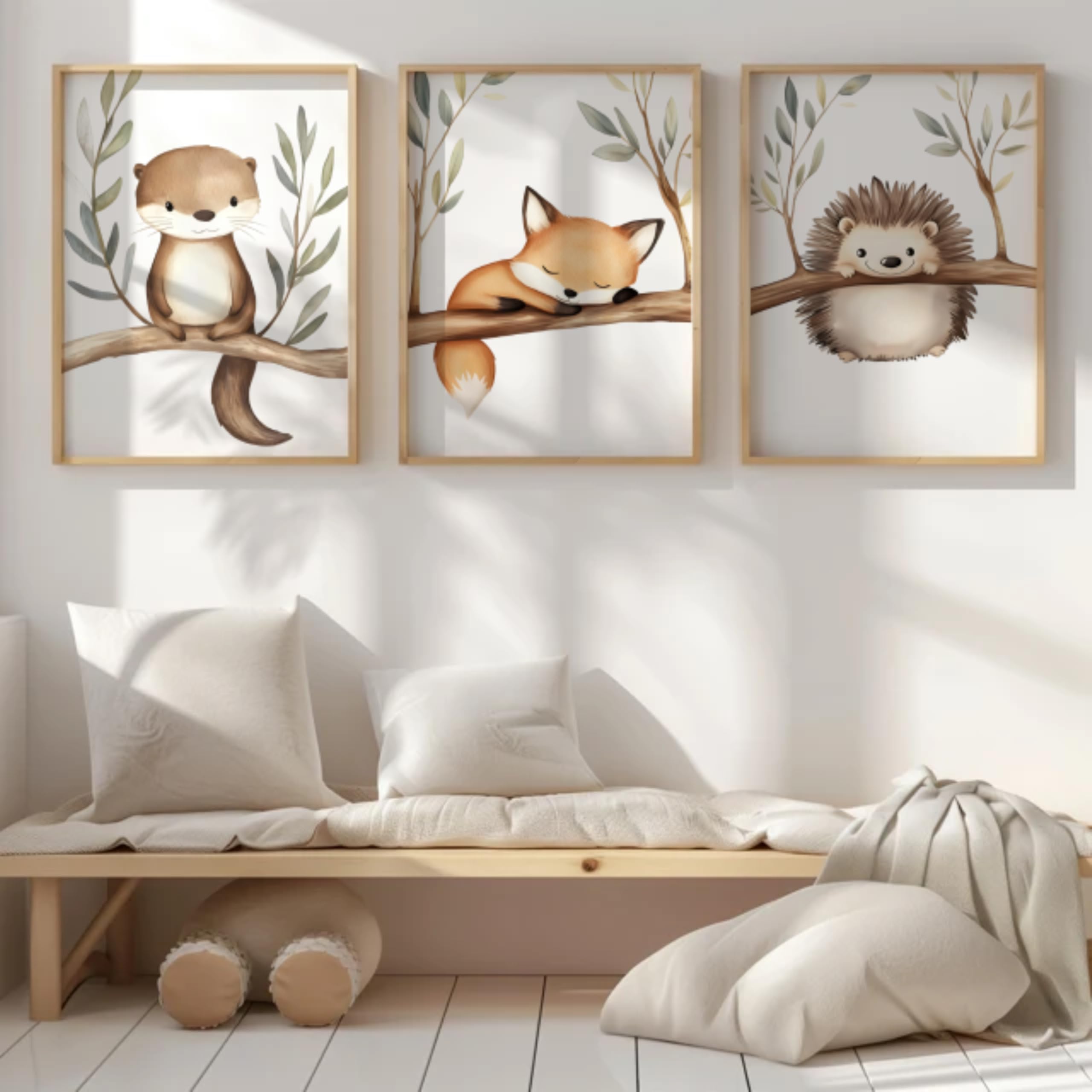 Generisch Waldtiere Poster Set Kinderzimmer – Otter, Fuchs & Igel Wandbilder – Babyzimmer Deko Mädchen & Jungen – Bilder Aquarell Tiere (DIN A3)