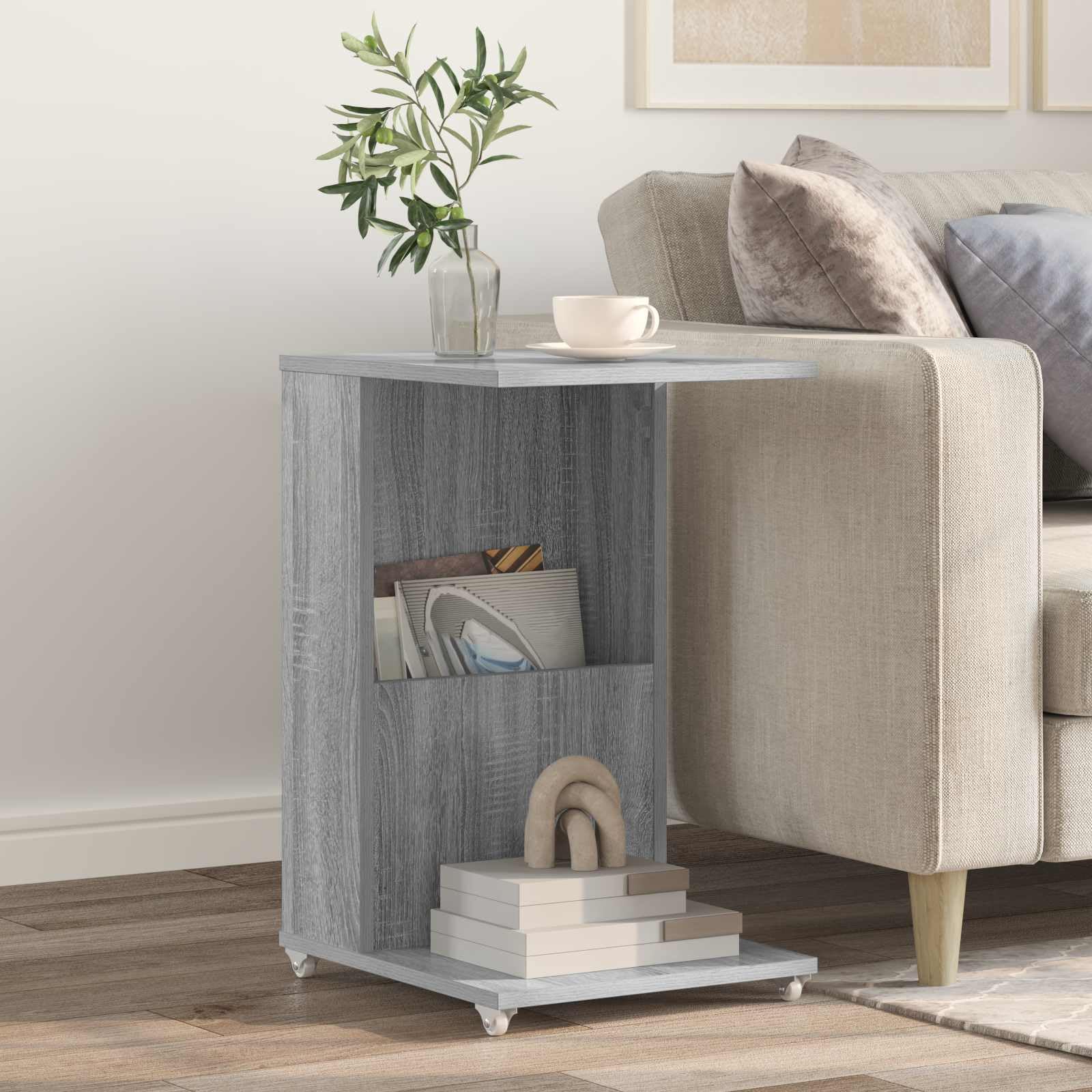 Mesa auxiliar Sonoma gris de madera 40 x 35 x 60 cm con ruedas, ahorra espacio y es flexible como mesa de café, mesita de noche, con estante y espacio de almacenamiento para salón