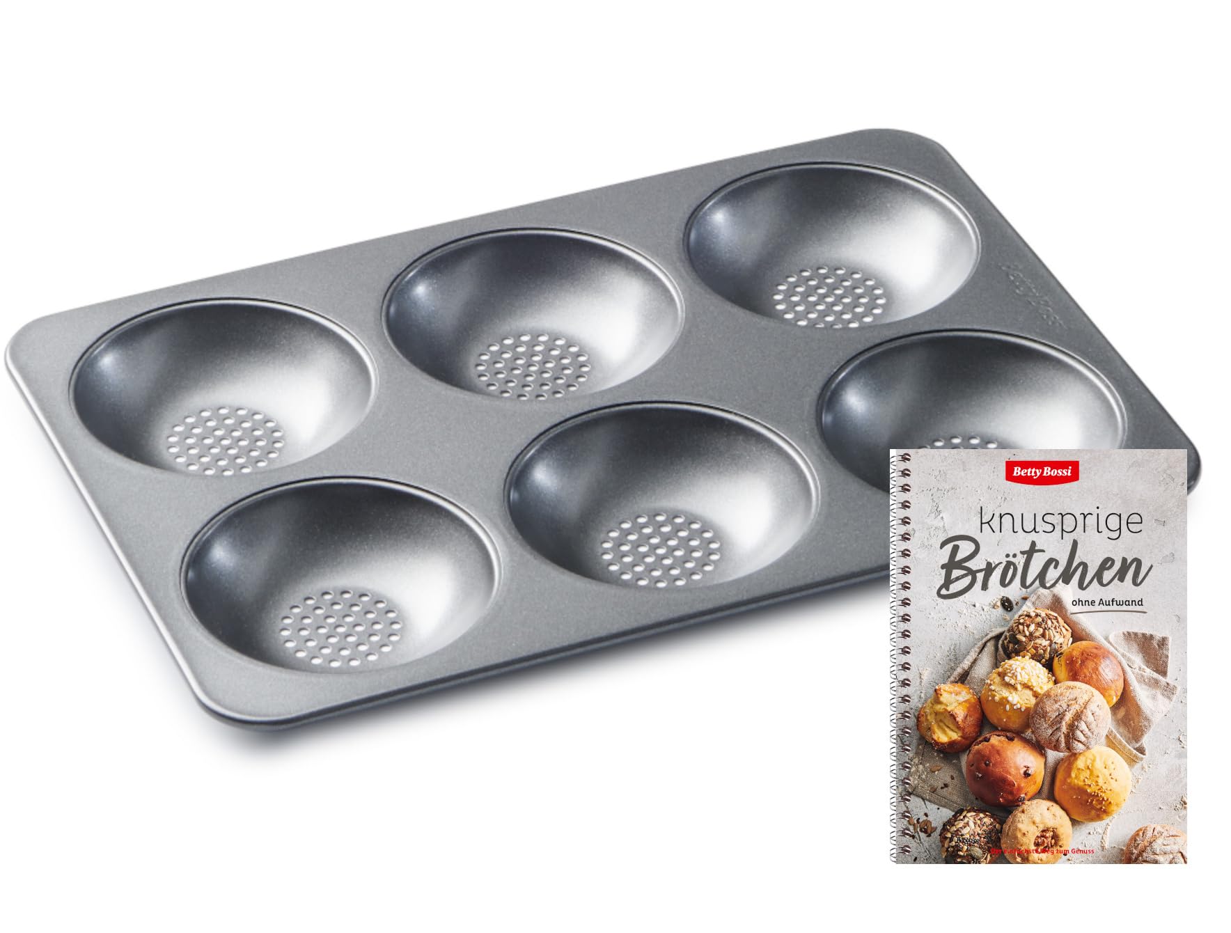 Betty Bossi Brötchen-Backset: Metall-Backform & Rezeptbuch mit 30 Rezepten für perfekt knusprige Brötchen – Brotbackform für 12 Stück – Backset für Anfänger & Profis – Antihaftbeschichtet & Hochwertig