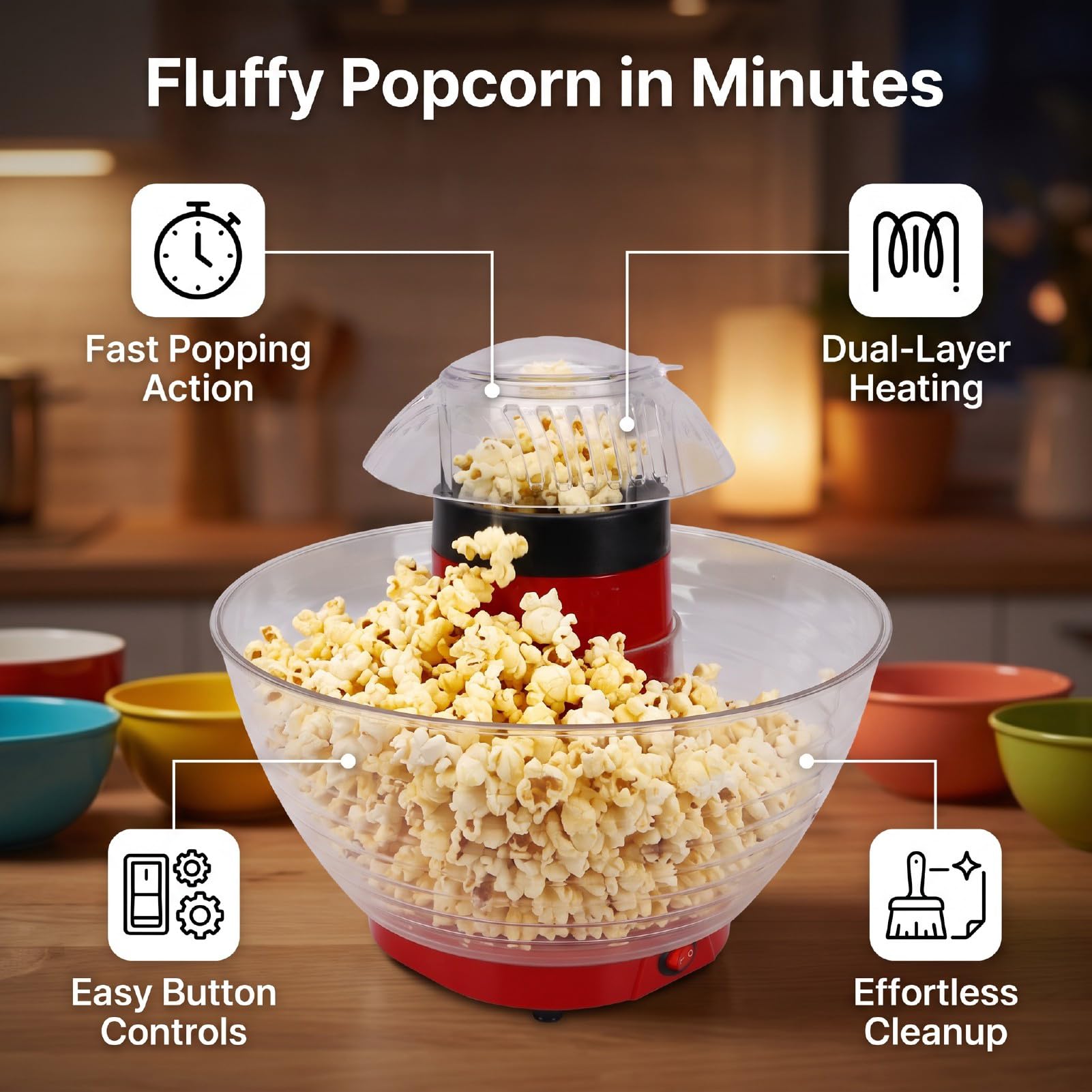 Qcwwy Automatyczna Maszyna do Popcornu z misą | Podwójna warstwa szybkiego ogrzewania, prosta obsługa przyciskiem, łatwe do czyszczenia, kompaktowy rozmiar, na imprezę