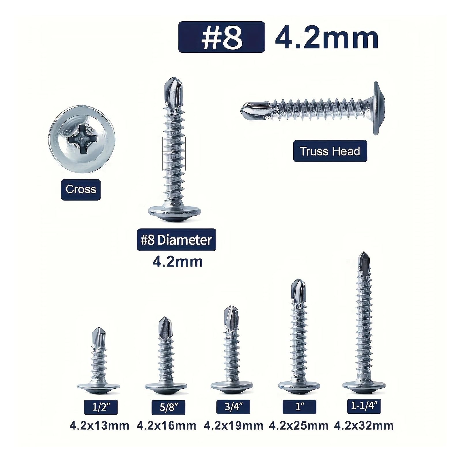 Tornillos autorroscantes de cabeza de armadura modificada n.° 8, 4,2 mm, 800-1500 unidades, for chapa metálica de acero galvanizado.(4.2x13mm (1500pcs))