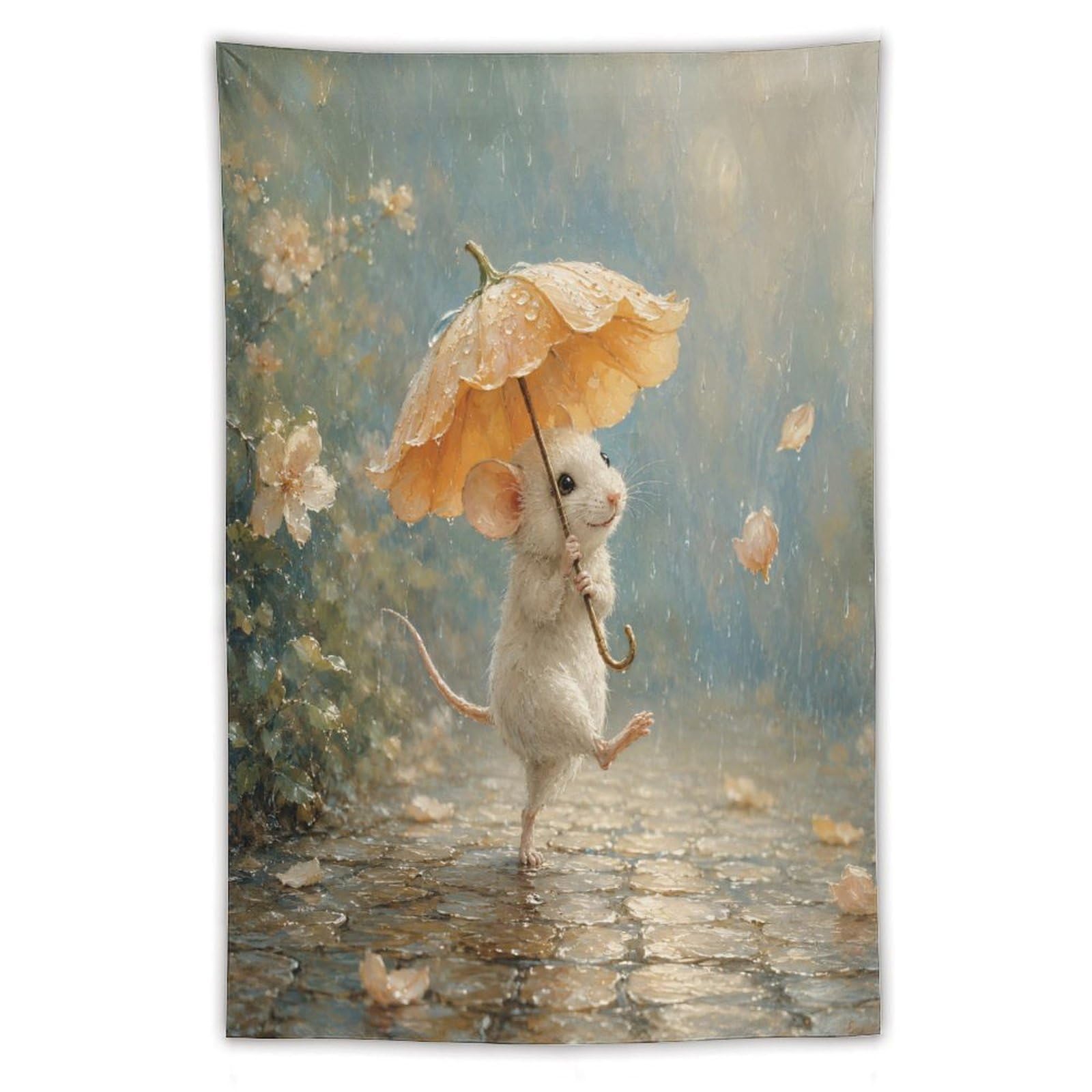Umbrella Mouse Floral Wall Tapestry, Naive Art, Whimsical Storybook