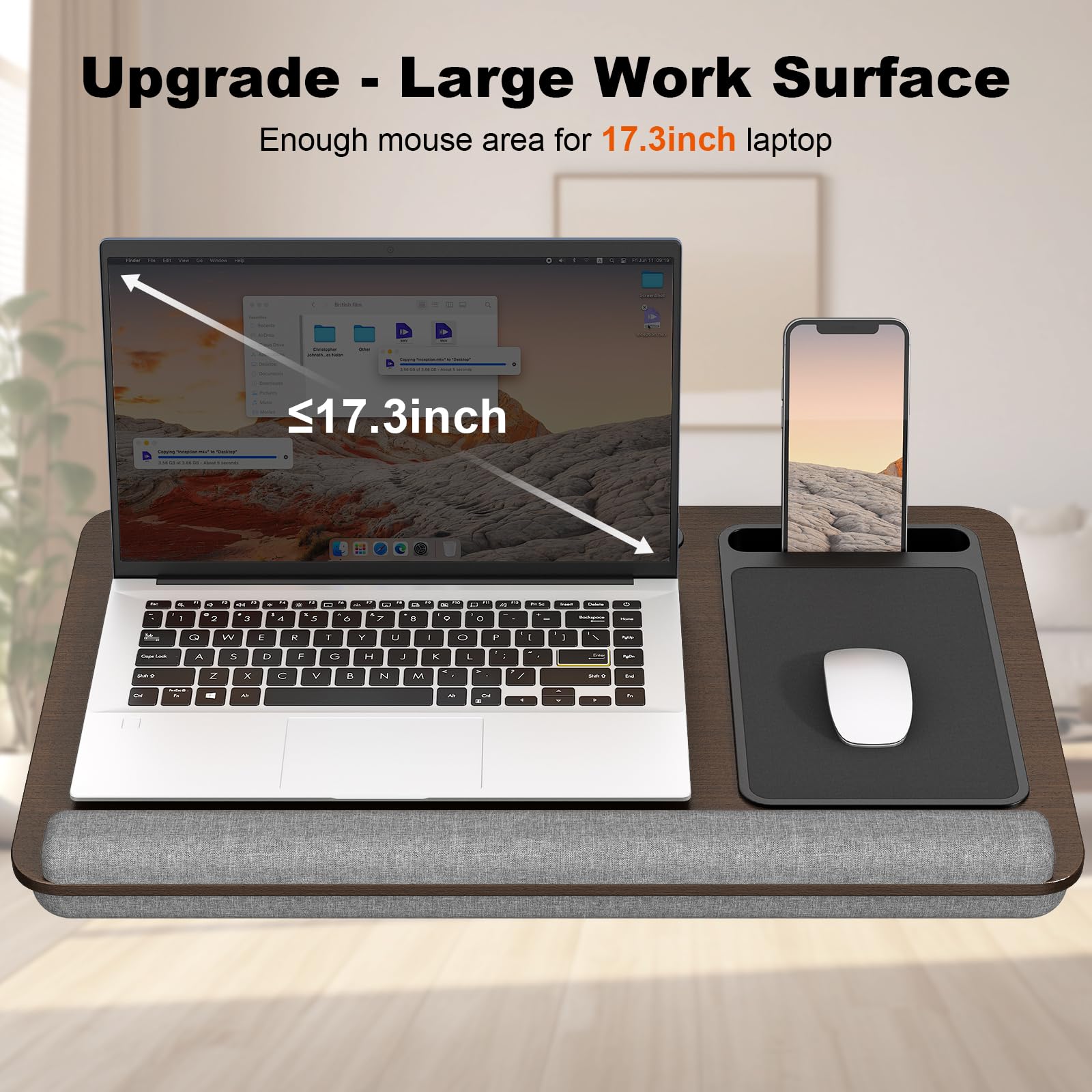 PUTORSEN Biurko na kolana do laptopów do 43.9 cm, przenośne, bardzo duże, z podkładkami dla myszy i nadgarstków