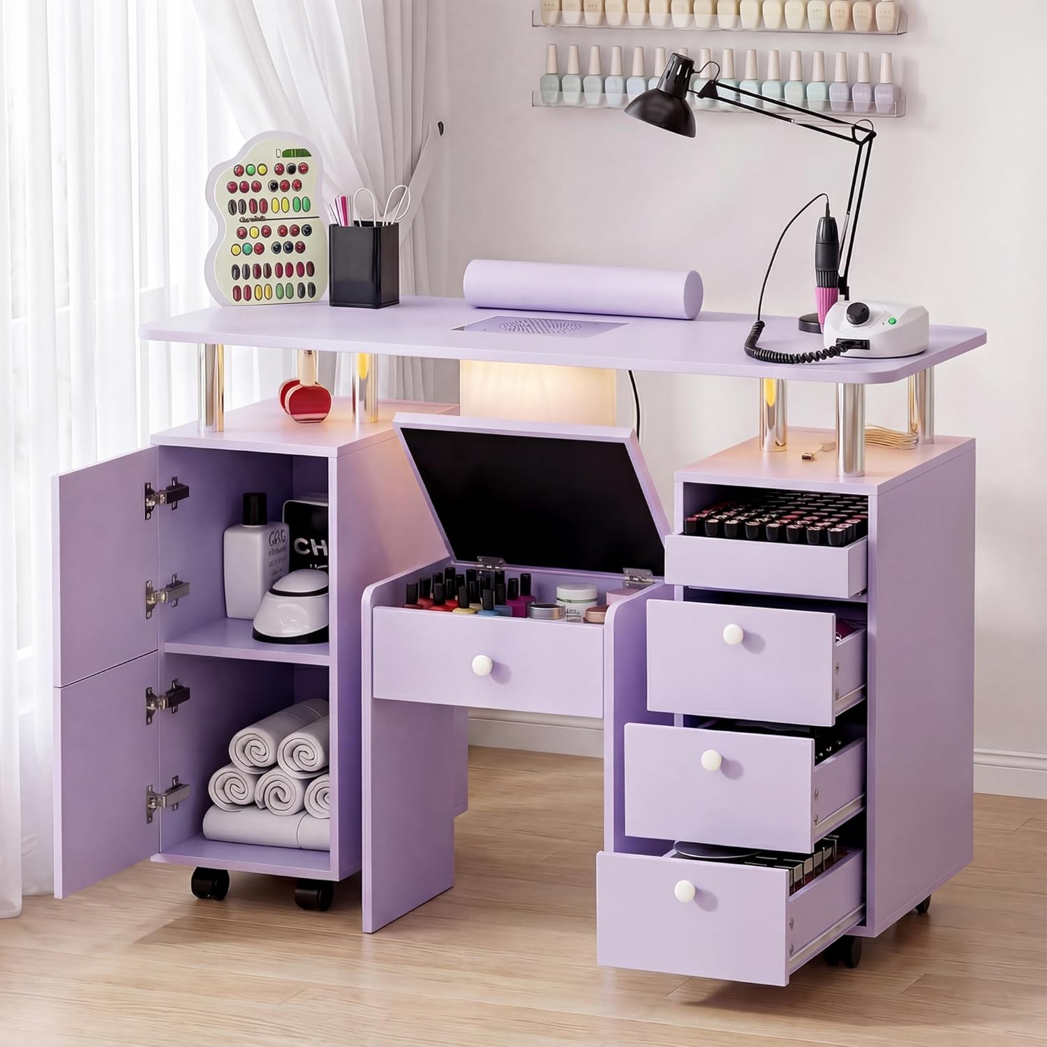 HolaiNail Nail Desk and Storage Stool Set, purple color, with various nail tech tools and products displayed.
