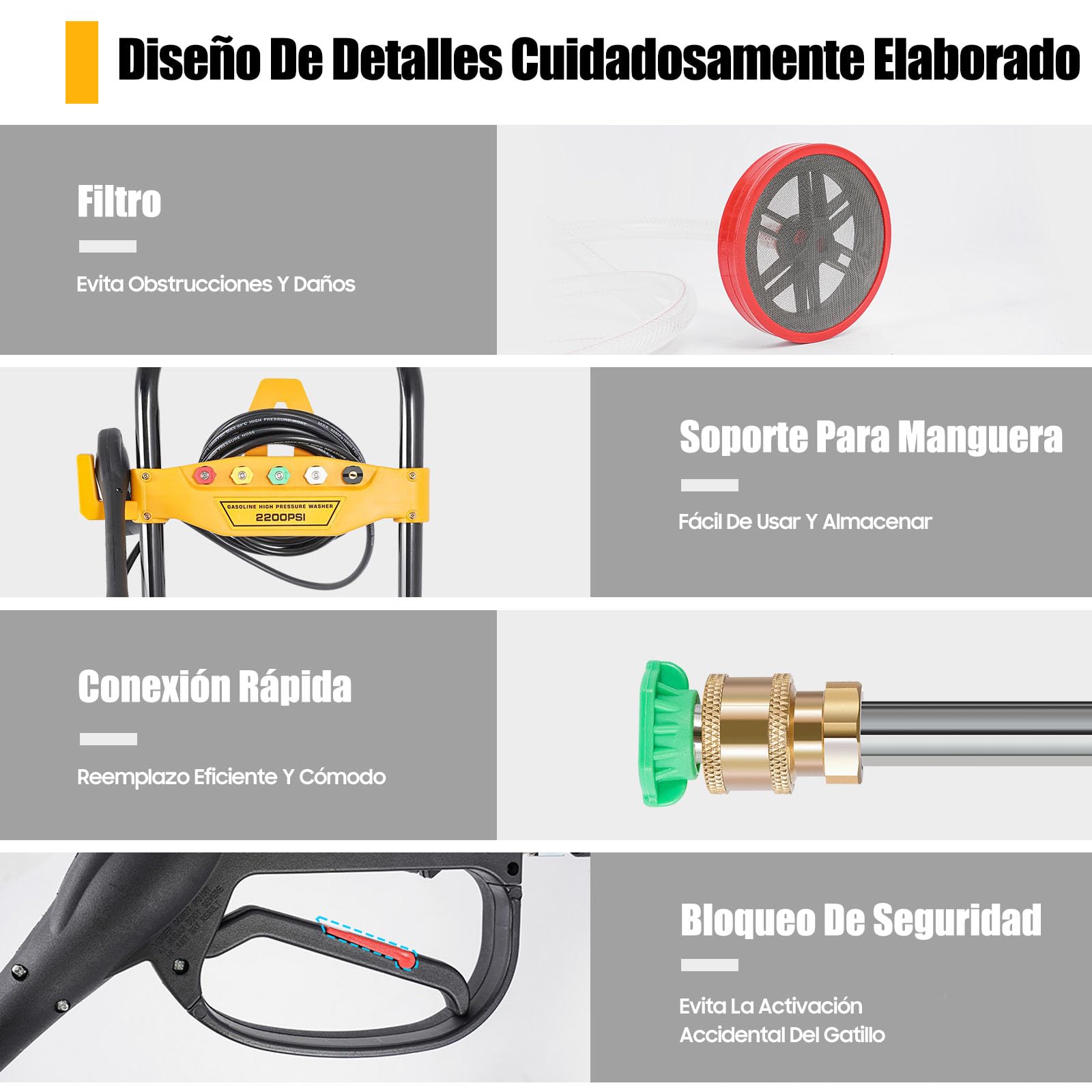 Limpiador a presión de gasolina, Hidrolimpiadora Profesional, 7,5 HP 2200 psi, motor de gasolina, con 5 boquillas, lanza de limpieza, manguera de 7,5 m, para suelos y vehículos