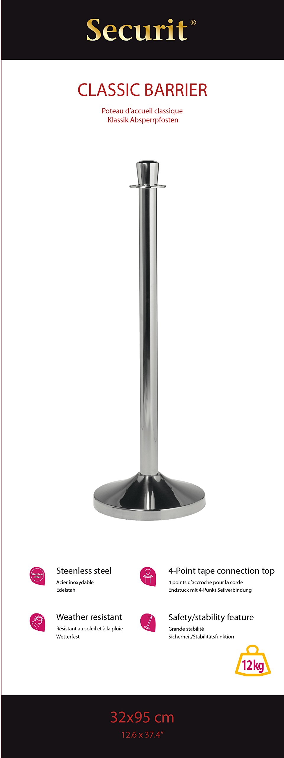 SECURIT - Set di Colonnina e Base per Sistema Barriera Classic - Per Bar, Ristoranti, Pub, Negozi - Testa Piatta - 4 Punti Di Connessione - Antigraffio e Protezione del Pavimento - Acciaio Inox