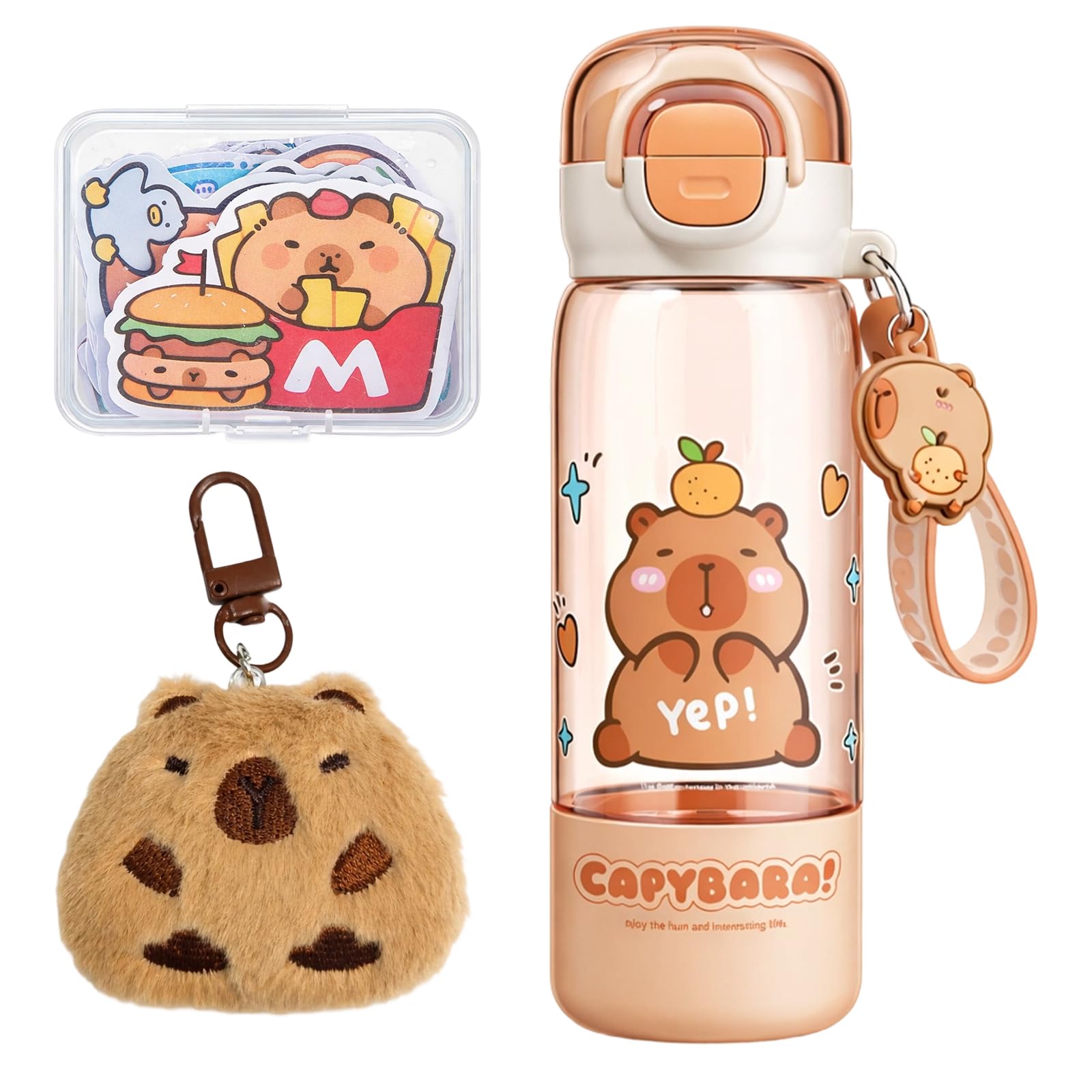 YREYBN 510ml Capybara Water Bottle, Portable Cappybara Kids Water Bottles, With Silicone Straw Drinking Cup & Spout, Capybara Stuff with Keychain and Stickers Set