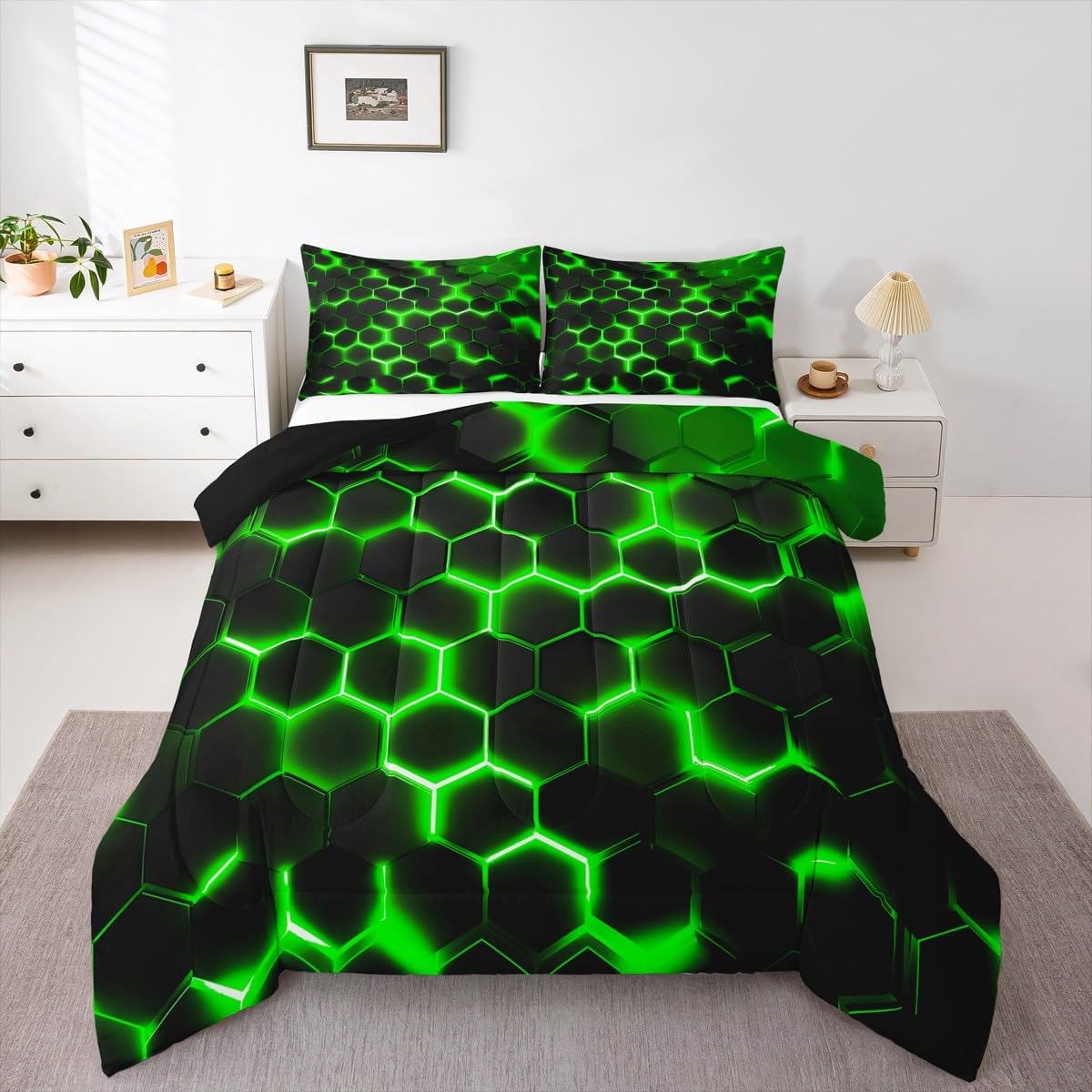 Erosebridal Geometric Comforter Set Queen Size,Teen Boys Green Black Neon Light Honeycomb Bedding Sets,Hexagon Comforter Modern Fashion Quilted Duvet 2 Pillow Cases Home Room Decor