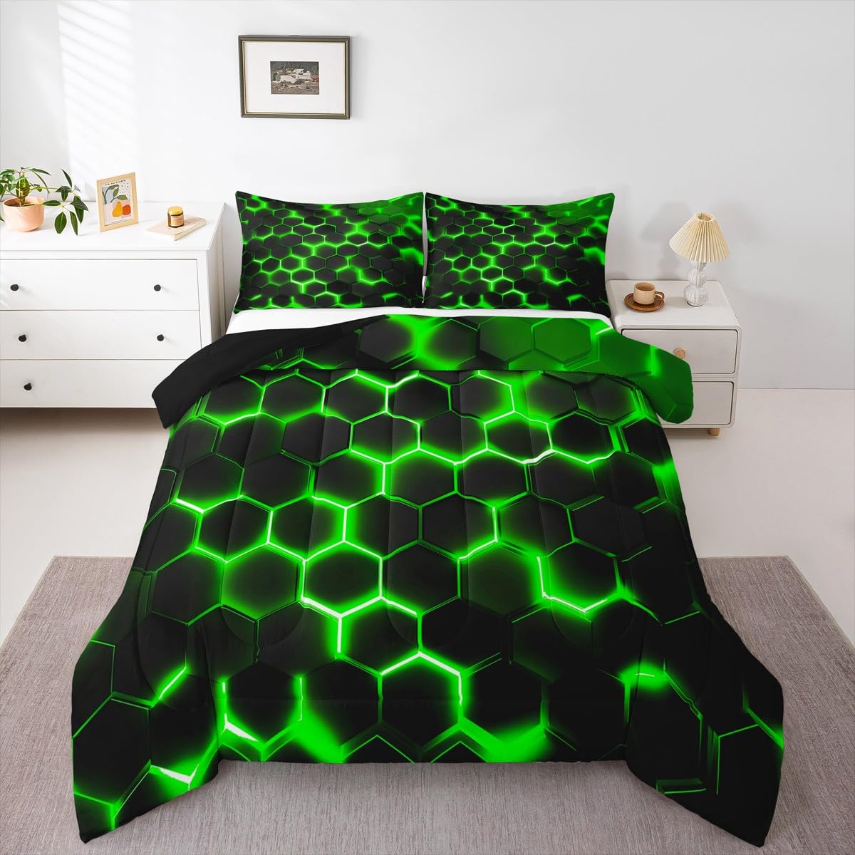 Erosebridal Geometric Comforter Set Full Size,Teen Boys Green Black Neon Light Honeycomb Bedding Sets,Hexagon Comforter Modern Fashion Quilted Duvet 2