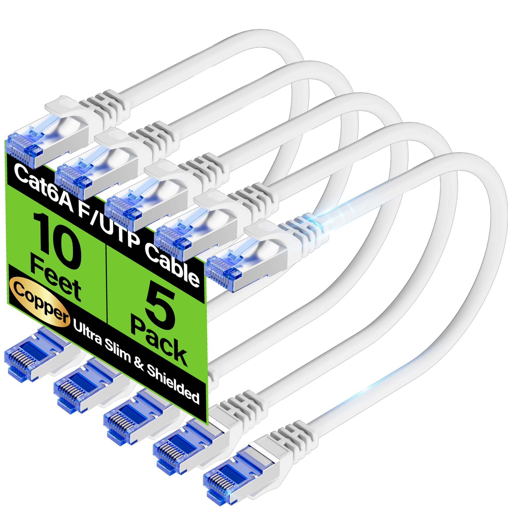 Cable Ethernet Cat6A blindado de 10 Gbps de 10 pies (paquete de 5), cable Ethernet blindado delgado (F/UTP) Cat 6, cable de cobre desnudo Cat6 flexible de 28 AWG, cable de red Cat 6a que ahorra