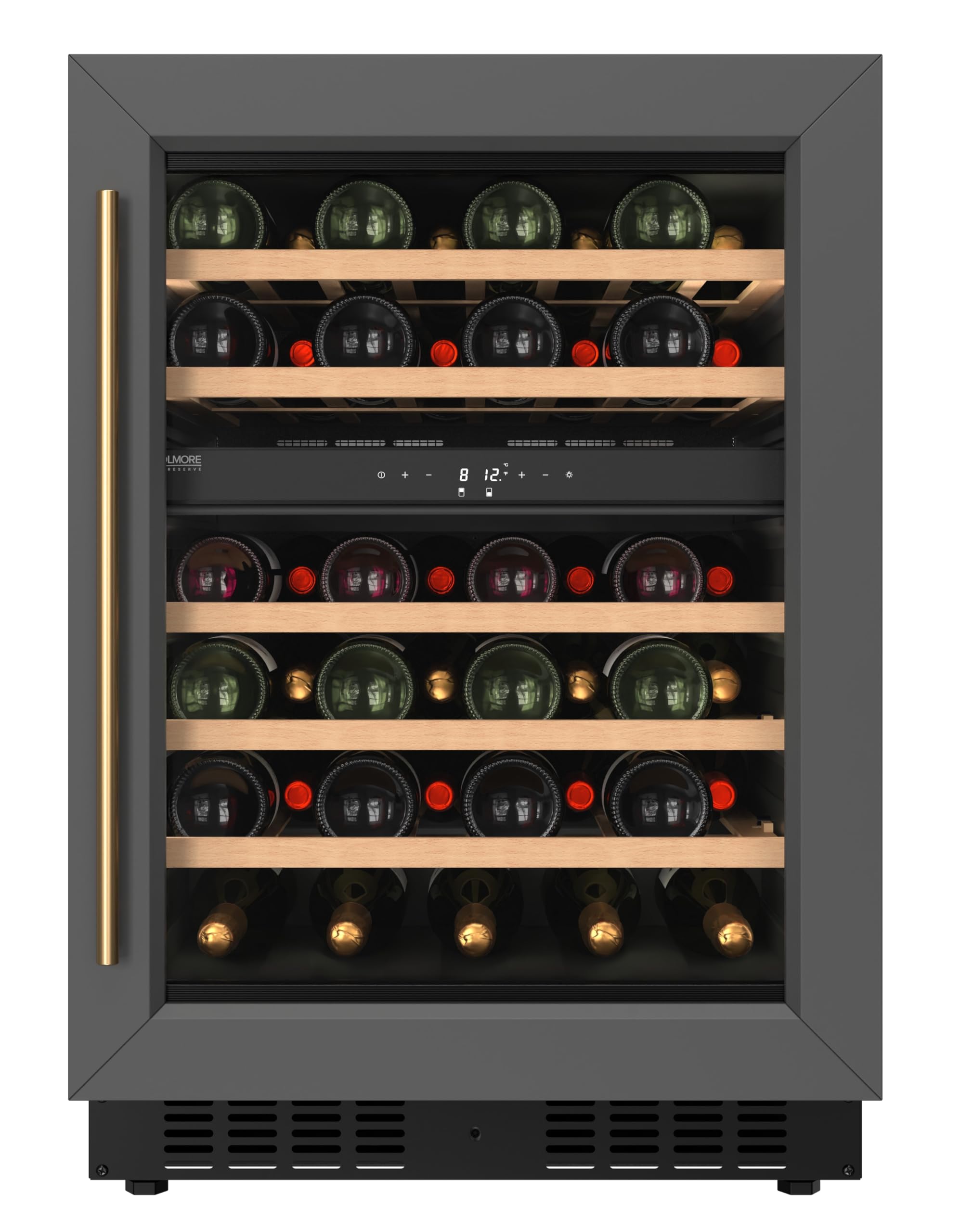 KoolMore KM-CW46DZ-WPR Reserve 24 in. Under-Counter Panel Ready Dual Zone Built-in Wine Cooler with 45 Bottle Capacity and Wooden Shelves in Black