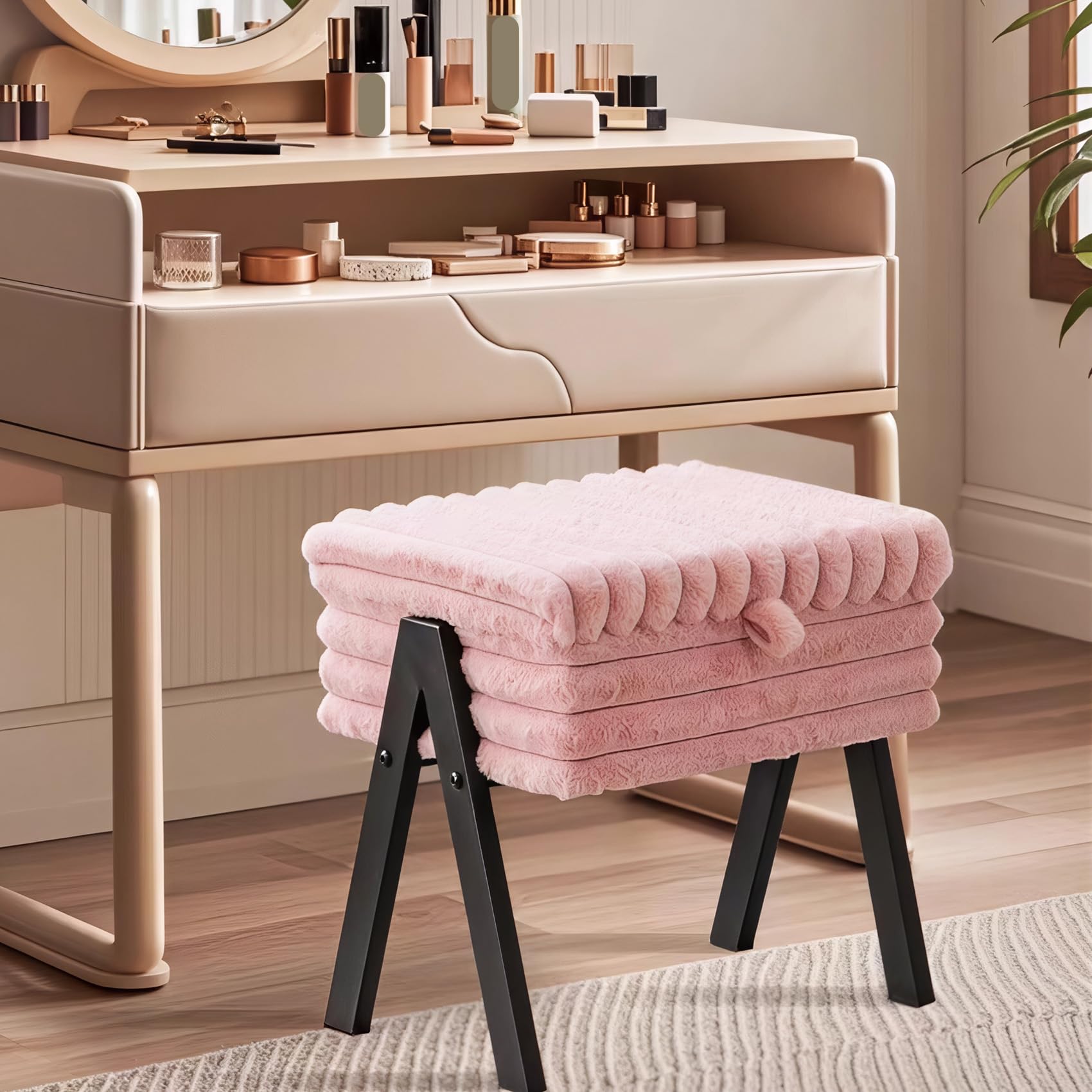 JUXDZISHW ,Pink,Vanity Stool Chair Ottoman with Storage, Velvetr Vanity Chair for Makeup Room, Rectangle Vanity Stools with Metal Legs, Soft Makeup Stool Footrest Footstools for Bedroom Living Room