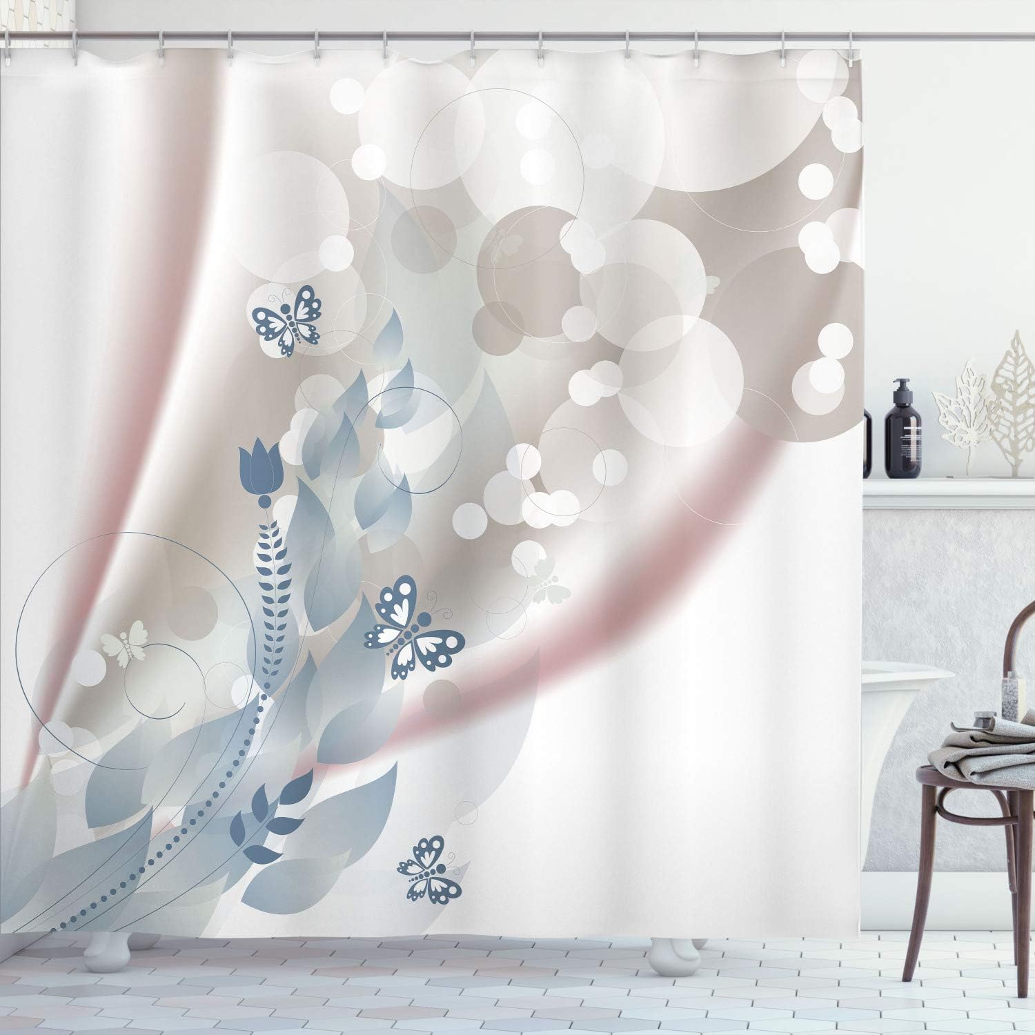 Ambesonne Floral Shower Curtain, Spring Themed Abstraction Butterflies Flower Petals and Tulip Leaves, Cloth Fabric Bathroom Decor Set with Hooks, 70" Long, Pale Grey