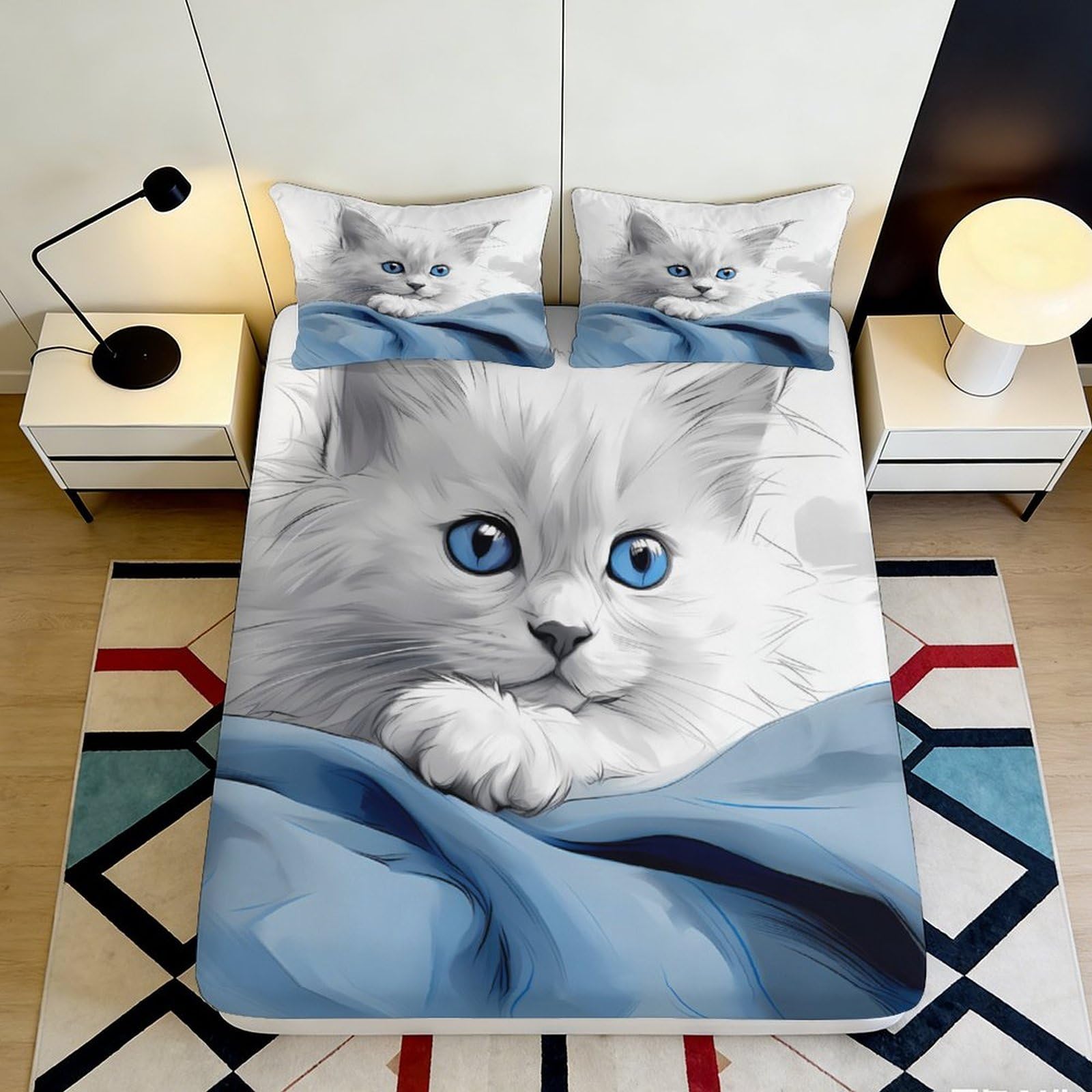 3D Printed Blue Cat Fitted Sheet Microfiber Soft Bedroom Decor White Kitten Mattress Cover Adult Youth 90x200x25cm