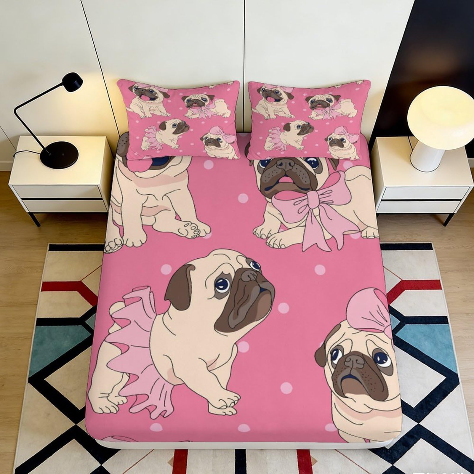 Pnayamiorkfel Style-7 3D Printed Cartoon Pug Dog Fitted Sheet Microfiber Pink Bow Tie Mattress Cover For Bedroom Dorm Easy Care Decor 90X200x25cm