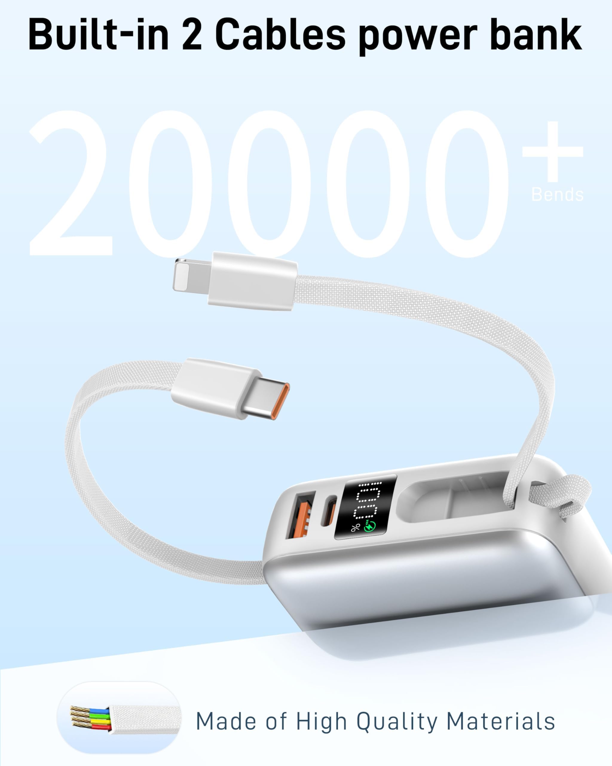 VINKO Travel Essentials Chargeur Portable 20 000 mAh avec câbles intégrés et écran LED, Compatible avec iPhone, iPad, Samsung Pixel, Blanc
