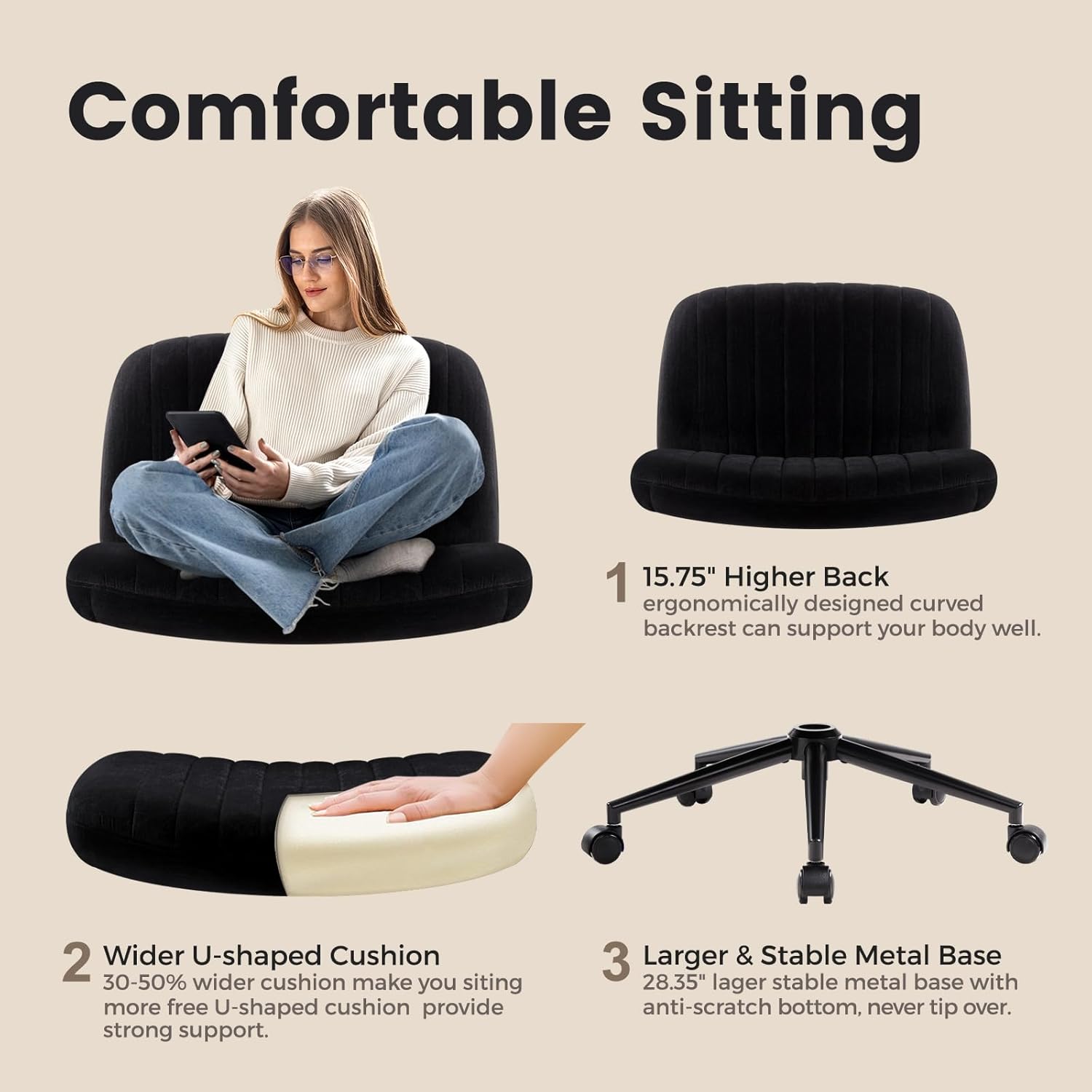 IWMH Criss Cross Chair Cross Legged Office Chair with Wheels Armless Wide Seat Desk Chairs Height Adjustable Computer Task Chairs Swivel Vanity Chair for Home Office Bedroom Make Up Small Space Black