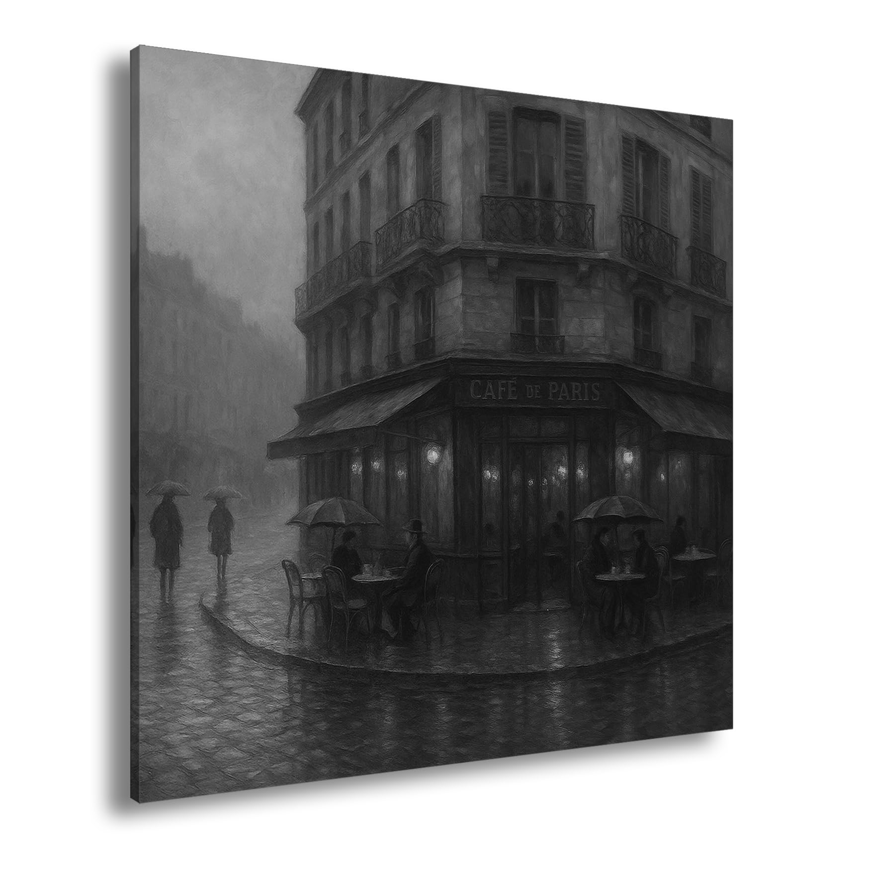 deyoli Obraz na płótnie Deszczowy wieczór przed kawiarnią Paryż 40 x 40 cm czarno-biały | Kwadratowy jednoczęściowy druk artystyczny XXL na blejtramie | obraz na płótnie | obraz ścienny | dekoracja salonu