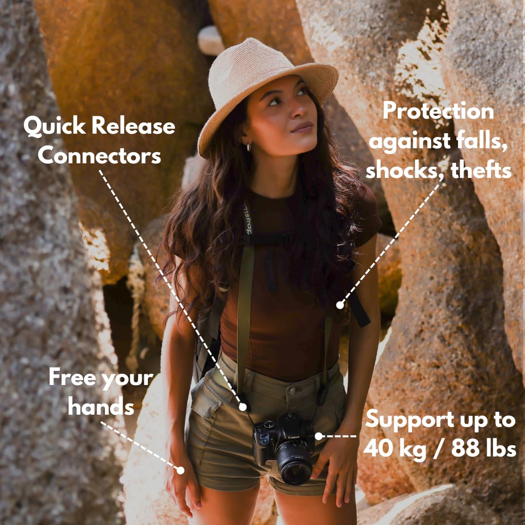 Camstrap - Sangle Appareil Photo et Jumelles Mains-Libres Ultra-Légère et Ajustable, Système d'attaches rapides avec connecteurs, Protection Optimale du Cou et du Dos, Universellement Adaptable