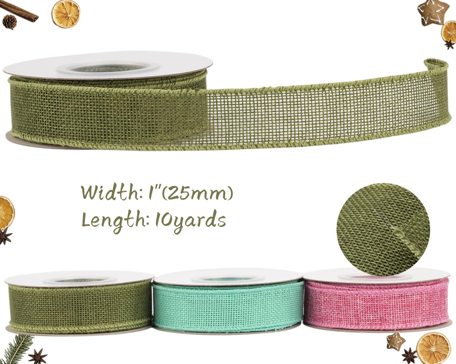 Tekdeere Burlap Ribbon 25mm x 9 Meters, Moss Wired Ribbon for Crafts, Gift Wrapping, Wreaths, Bows, Tree Decoration and Outdoor Decoration - Image 2