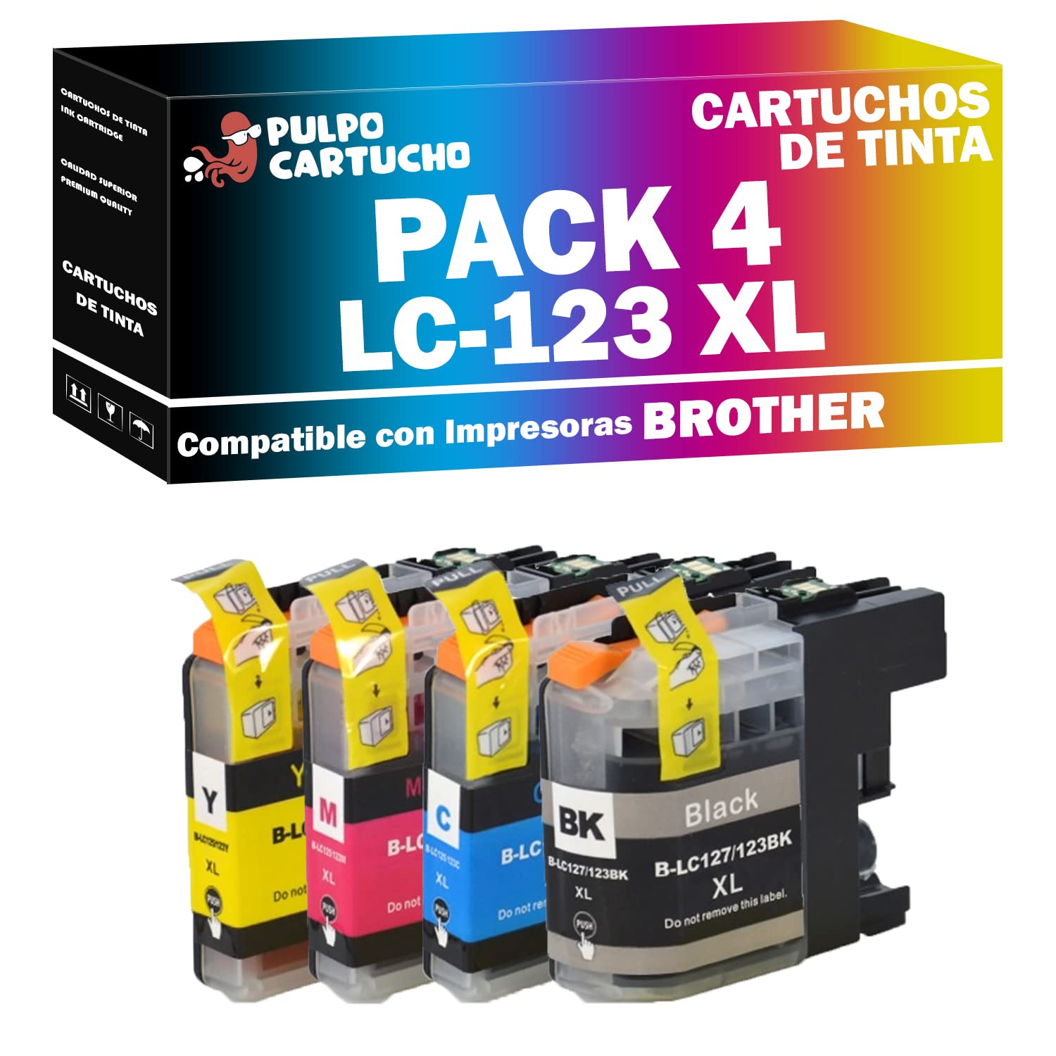 Pulpo Cartucho - Cartucho De Tinta LC-121 XL/LC-123 XL Amarillo Compatible Con Brother LC123Y / Ref. LC121 XL / LC123 XL - Premium - Valido Para Impresoras DCP J/MFC J