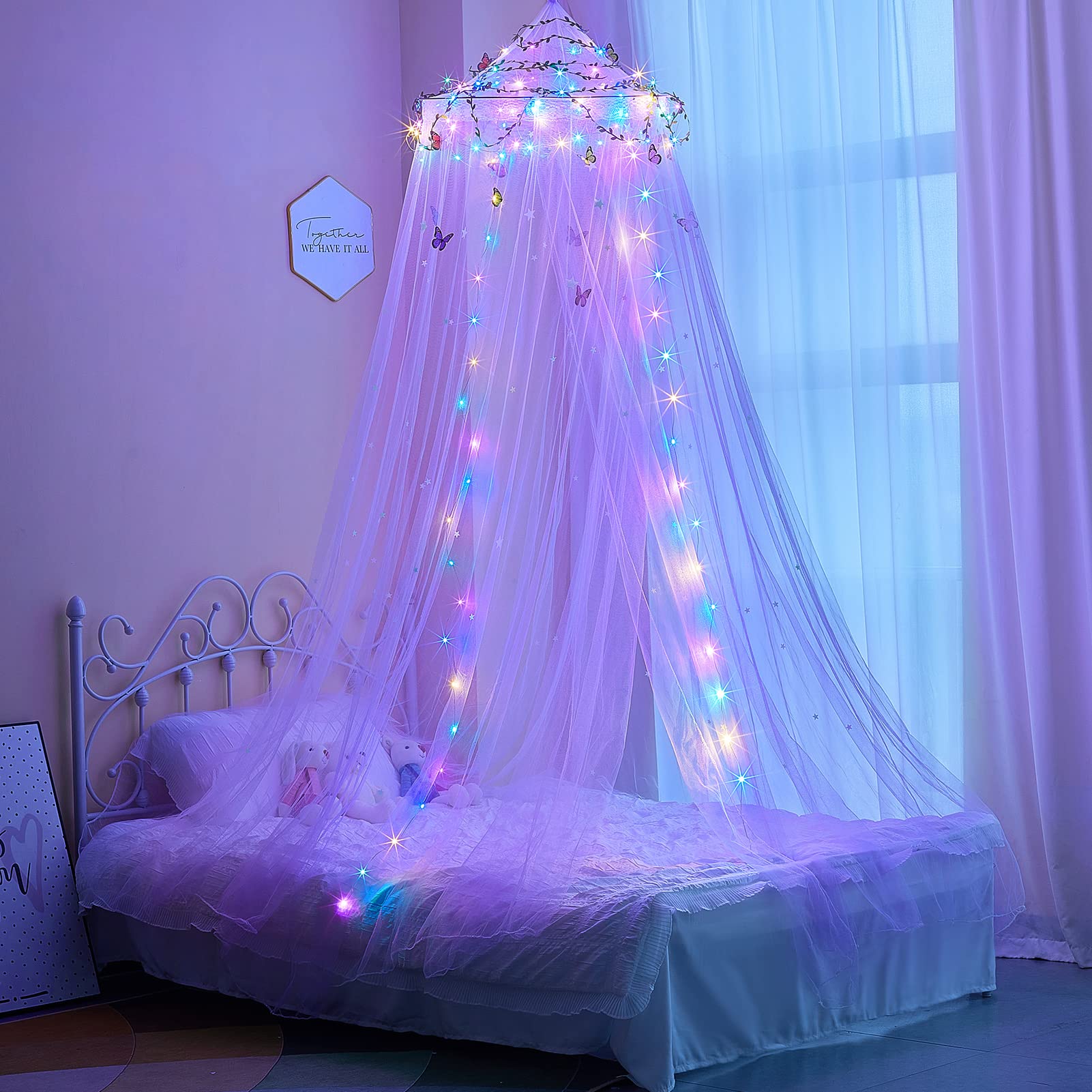 MHJY Prinzessinnenbett Schlafzimmer mit LED Vorhängen, Moskitonetz, Sternen und Schmetterlingen