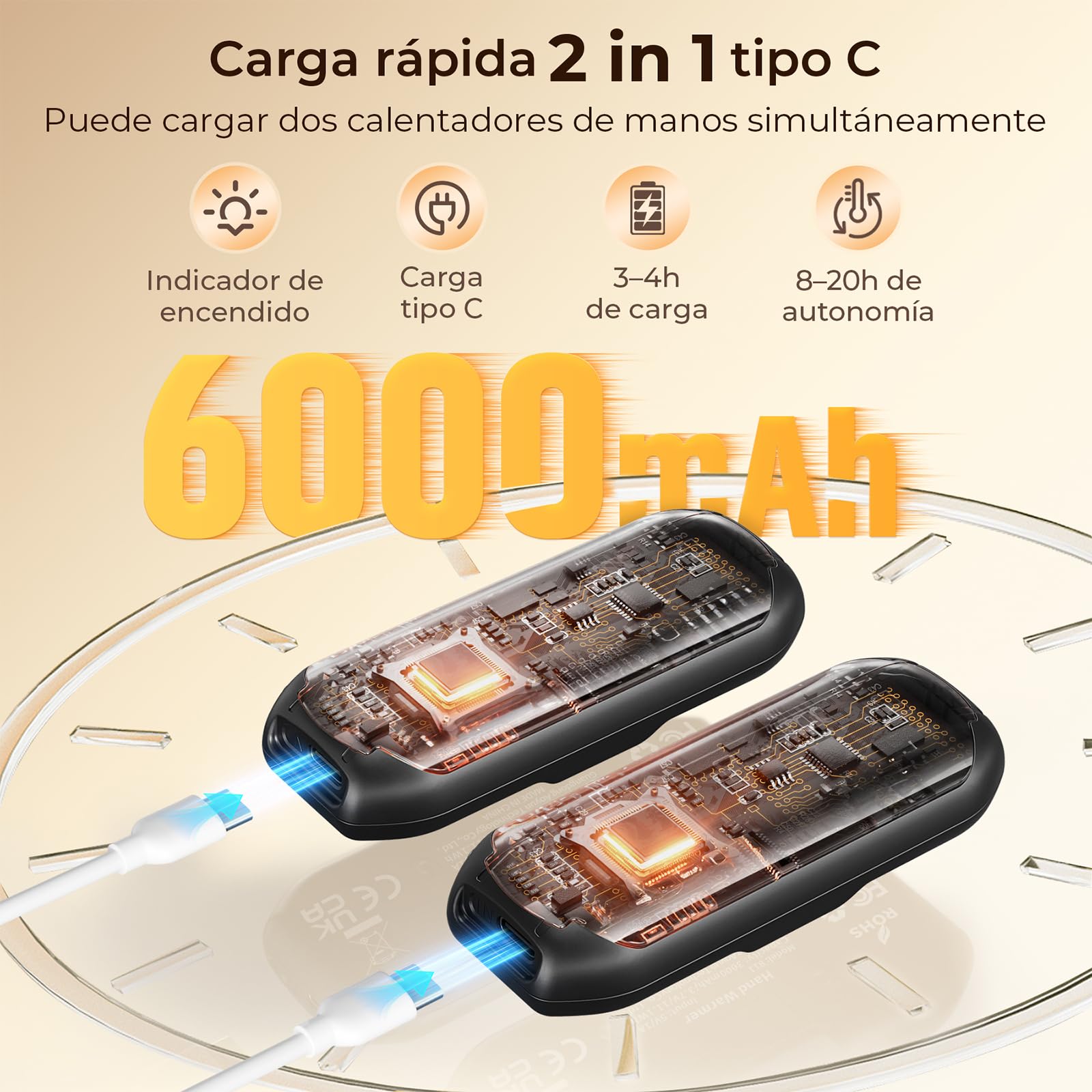 VIWAVE 2 Piezas Calentador de Manos Recargable,Calienta Manos de Bolsillo Reutilizables con LED,Calentador Electrico USB y 5 Ajustes de Temperatura,Portátil Calientamanos Regalos Mujer Hombre — view 4