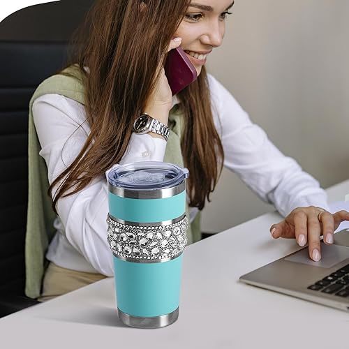 Miniatura 7 de Vaso de acero inoxidable con aislamiento al vacío con tapa y pajita, vaso brillante de 20 onzas con diamantes de imitación, para viaje, para café,