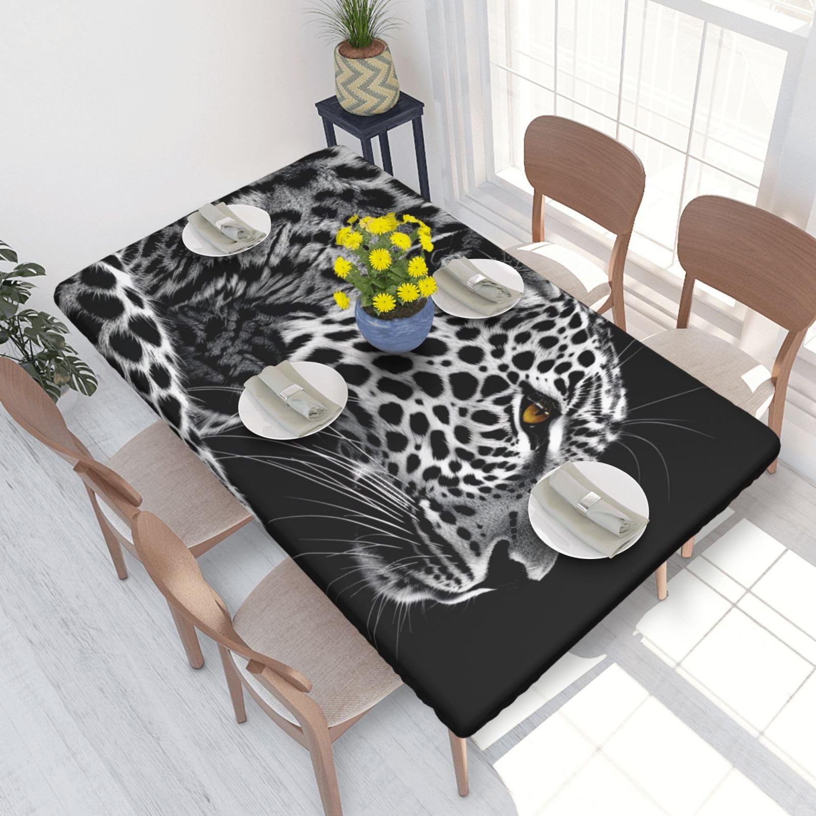 DCARSETCV Animal Leopard Printed 4FT Waterproof Tablecloth with Elastic Edged Protect & Decor Your Table, Oil-proof Washable Table Cloth Cover for Dinner Picnic Party