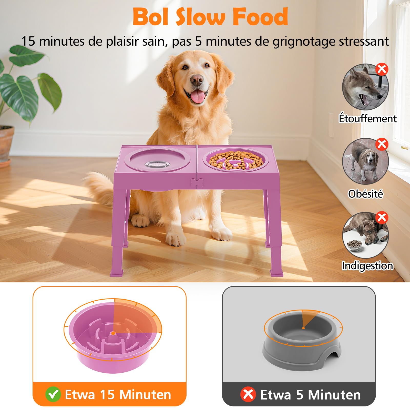 X XBEN 3-in-1 Ciotole per Cani Rialzate con 5 Altezze Regolabile, 1L Ciotola Anti Ingozzamento, 1,4L Acqua Cane Antigoccia, Ciotola per Cani Piccolo, Medio e Grande, Pieghevole e Antiscivolo, Rosa