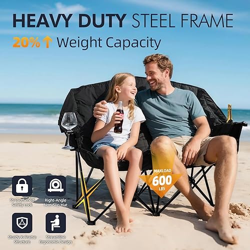 Miniatura 5 de Silla de campamento doble acolchada para 2 personas, sofá de campamento de gran tamaño resistente para adultos, deportes al aire libre, césped,