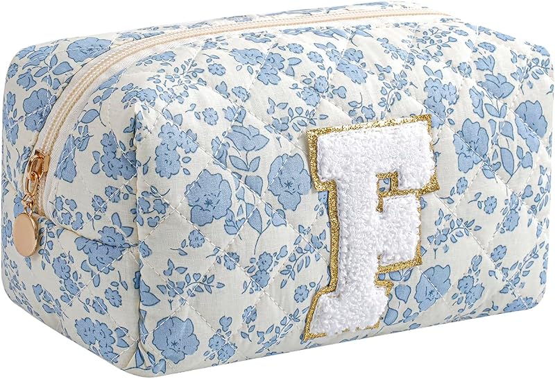 Necessaire Gleyemor com inicial personalizada, algodão matelassê azul floral, 20,07 x 10,92 x 10,92 cm