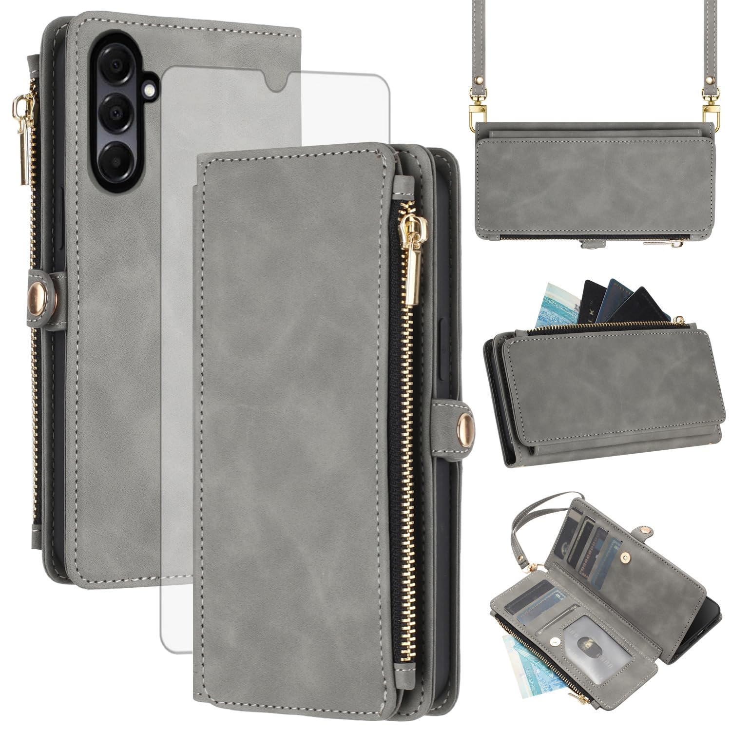 Asuwish Phone Case for Samsung Galaxy A26 5G Zipper Wallet Cell Cover with Tempered Glass Screen Protector Crossbody Wrist Strap Flip Credit Card